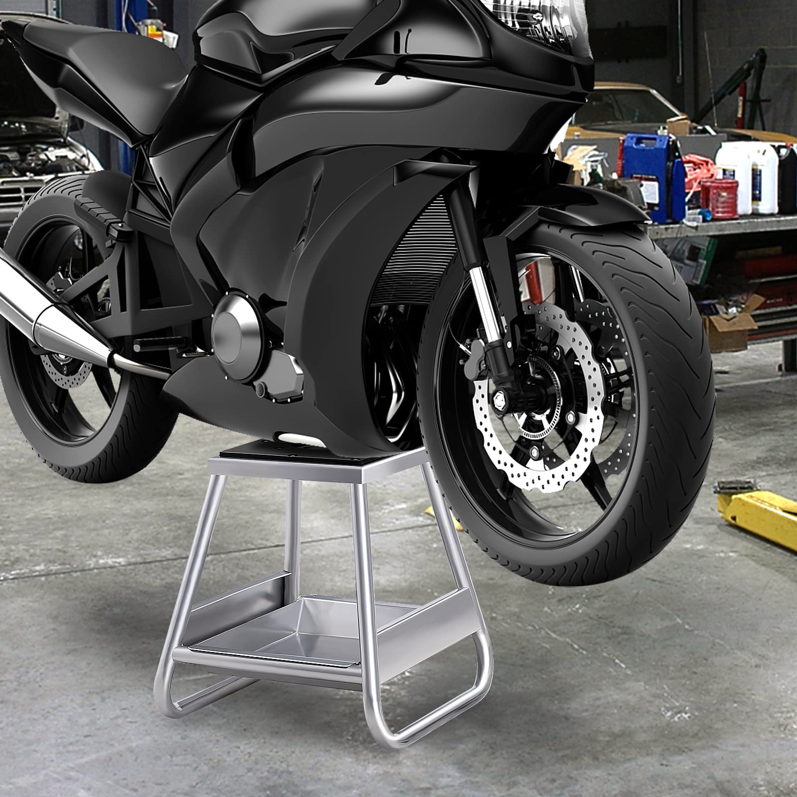 GYMAX Support de Levage pour Moto, Capacité 450 Kg, Cric de Levage en Acier, avec Bac d'Huile Amovible, Dessus en Caoutchouc Antidérapant, Trou de Vidange d'Huile, pour Entretien Moto Tout Terrain