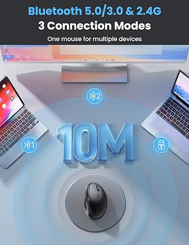 Miniatura 3 de TECKNET Ratón ergonómico, mouse vertical inalámbrico Bluetooth, batería recargable, clics silenciosos, 4800 DPI ajustable, conexión BT5.03.0 y 2.4G,