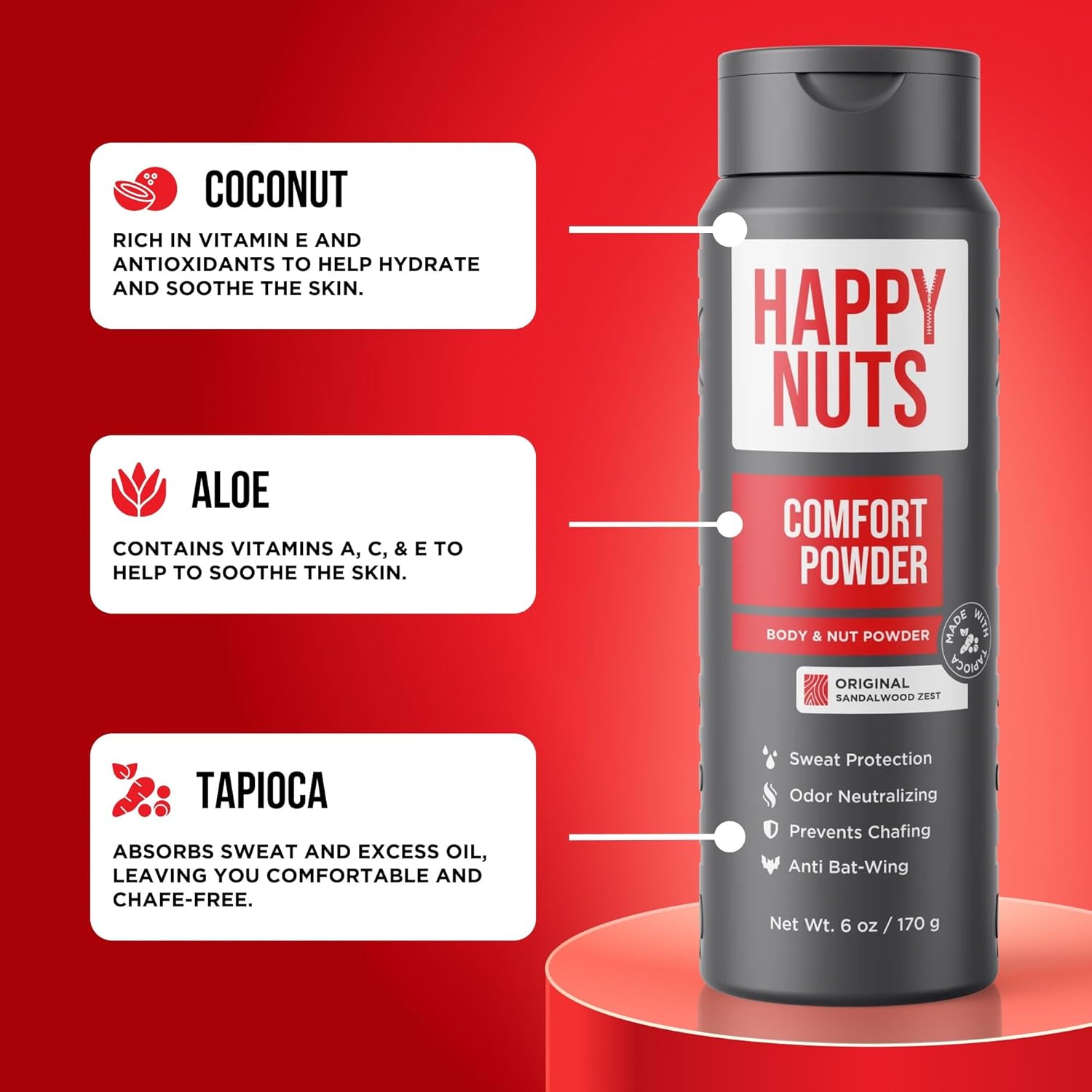 HAPPY NUTS Comfort Powder Deodorant For Men: Anti-Chafing, Sweat and Odor Control for Jock Itch, Aluminum-Free, 6 oz (1 Pack), Original Scent Original 6 Ounce (Pack of 1)