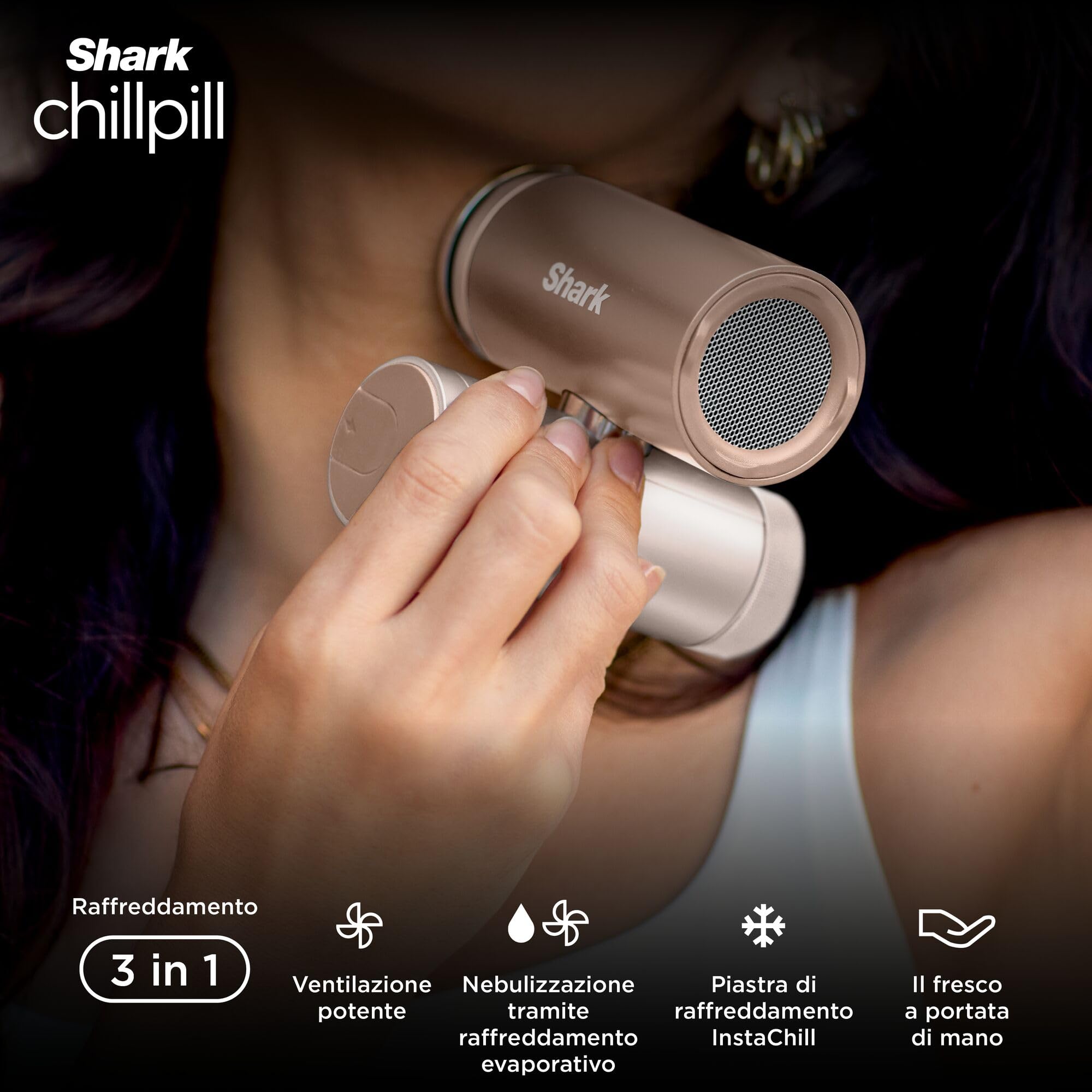 Shark ChillPill 3 in 1 Ventilatore ad alta velocità, nebulizzazione ultra fine e sistema InstaChill, con 3 accessori di raffreddamento, pensato per la mobilità, iced latte FA022EUBR