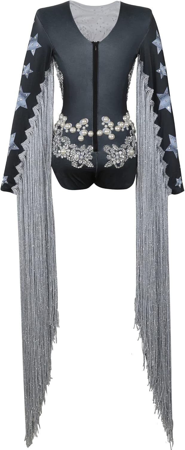 Drag Queen Costume Sparkly Dance Leotard Long Sleeve Women Pearl Rhinestone Bodysuits With Fringe