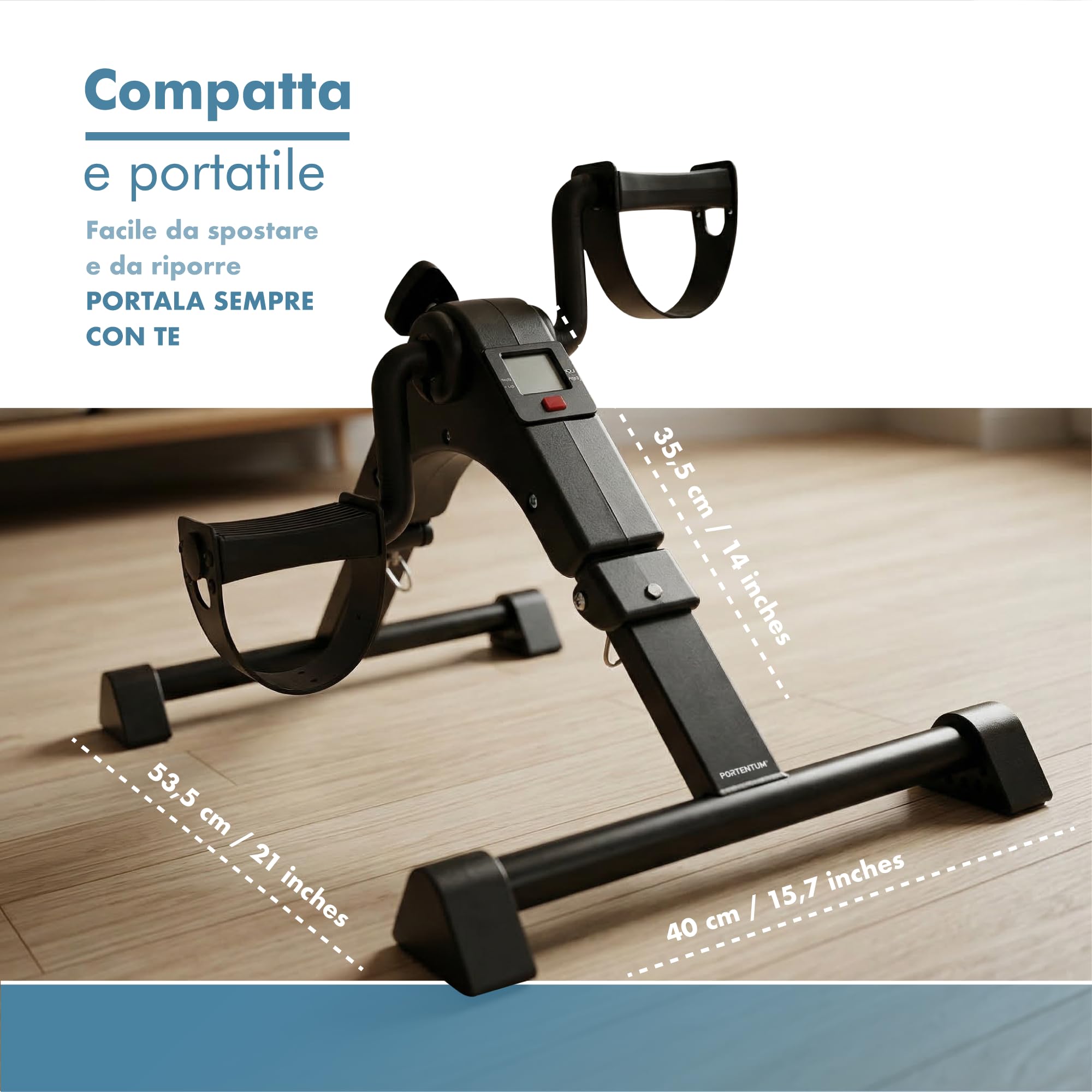 PORTENTUM Pedaliera riabilitazione per anziani con base migliorata e tappetino antiscivolo – Pieghevole – Schermo LCD – Mini cyclette da seduta braccia e gambe compatta con resistenza regolabile
