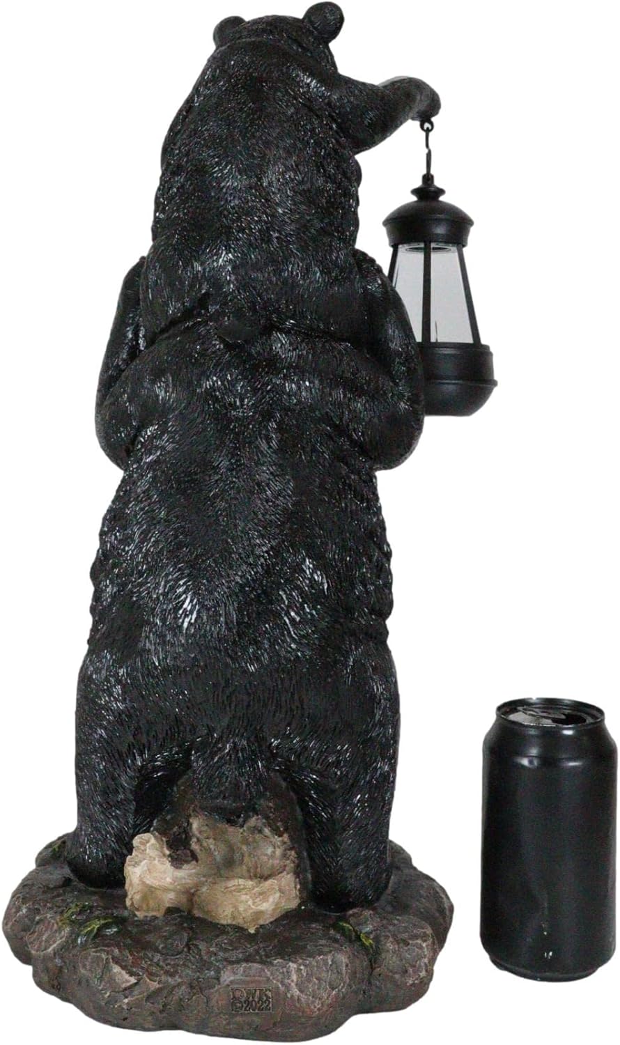 Ebros Rustic Black Bear Family Statue 18.75" Tall with Solar LED Lantern Light - Realistic Wildlife Decor