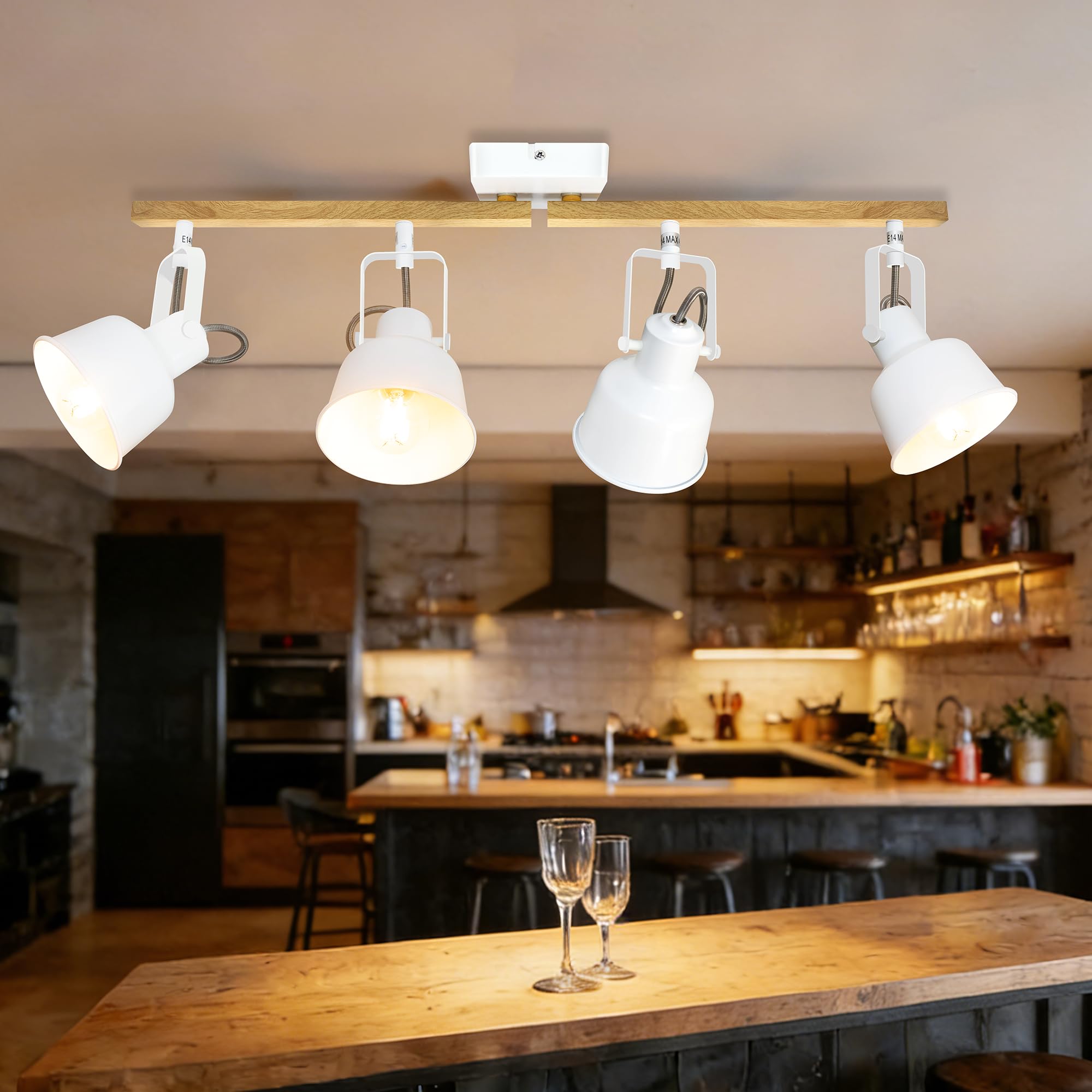 Aulaiyi Deckenstrahler Vintage, Schwenkbarer Deckenlampe Industrial Holzoptik – 350° Drehbar, E14 Fassung (ohne Leuchtmittel), für Wohnzimmer, Schlafzimmer, Büro