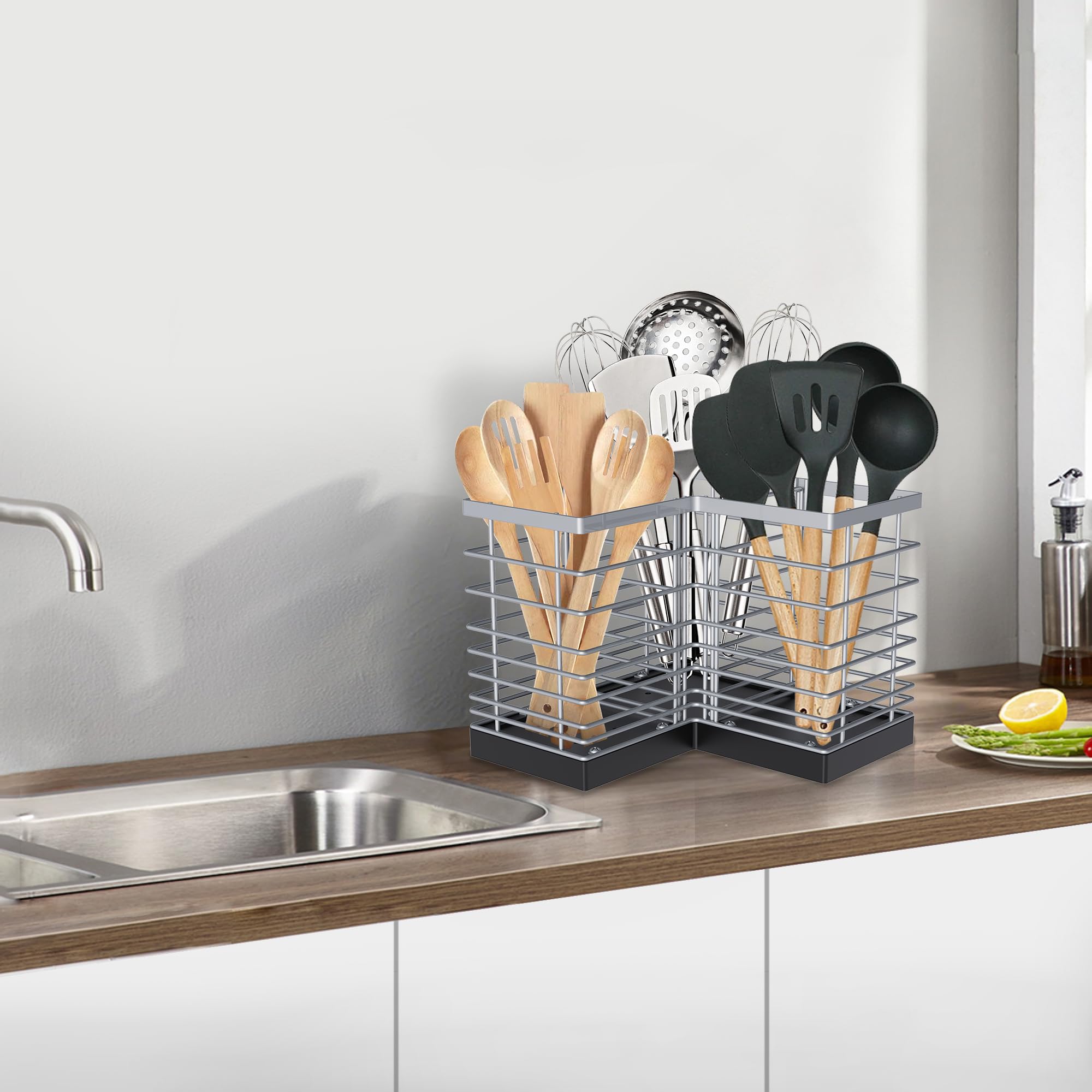 Suli Soporte extragrande Porta utensilios cocina,3 compartimento,plateado