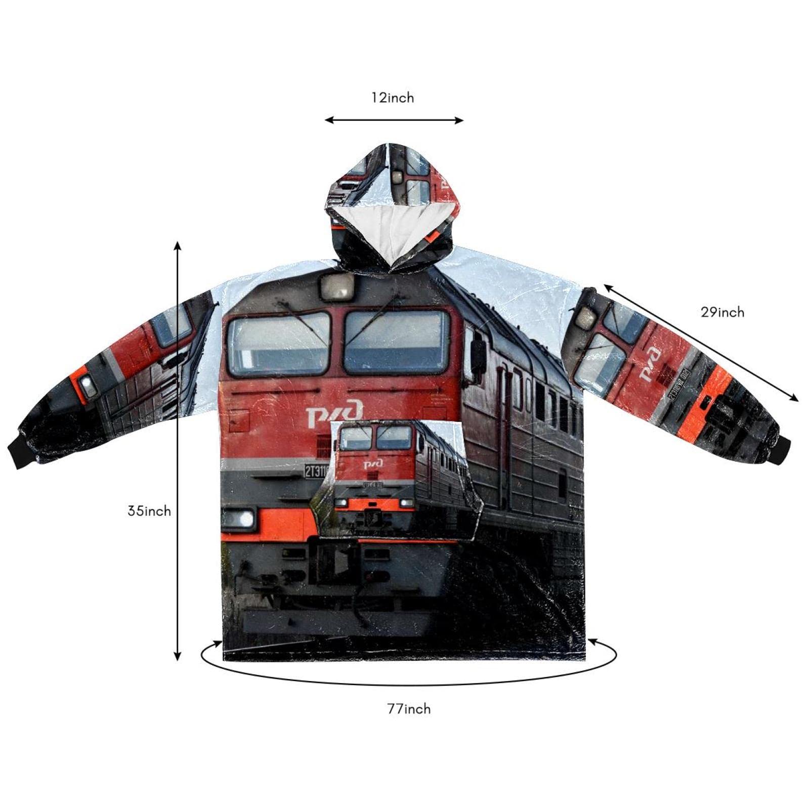Bluza z kapturem z kocem, retro pociąg tor kolejowy, ponadwymiarowa bluza z kapturem, wielobarwny, rozmiar uniwersalny
