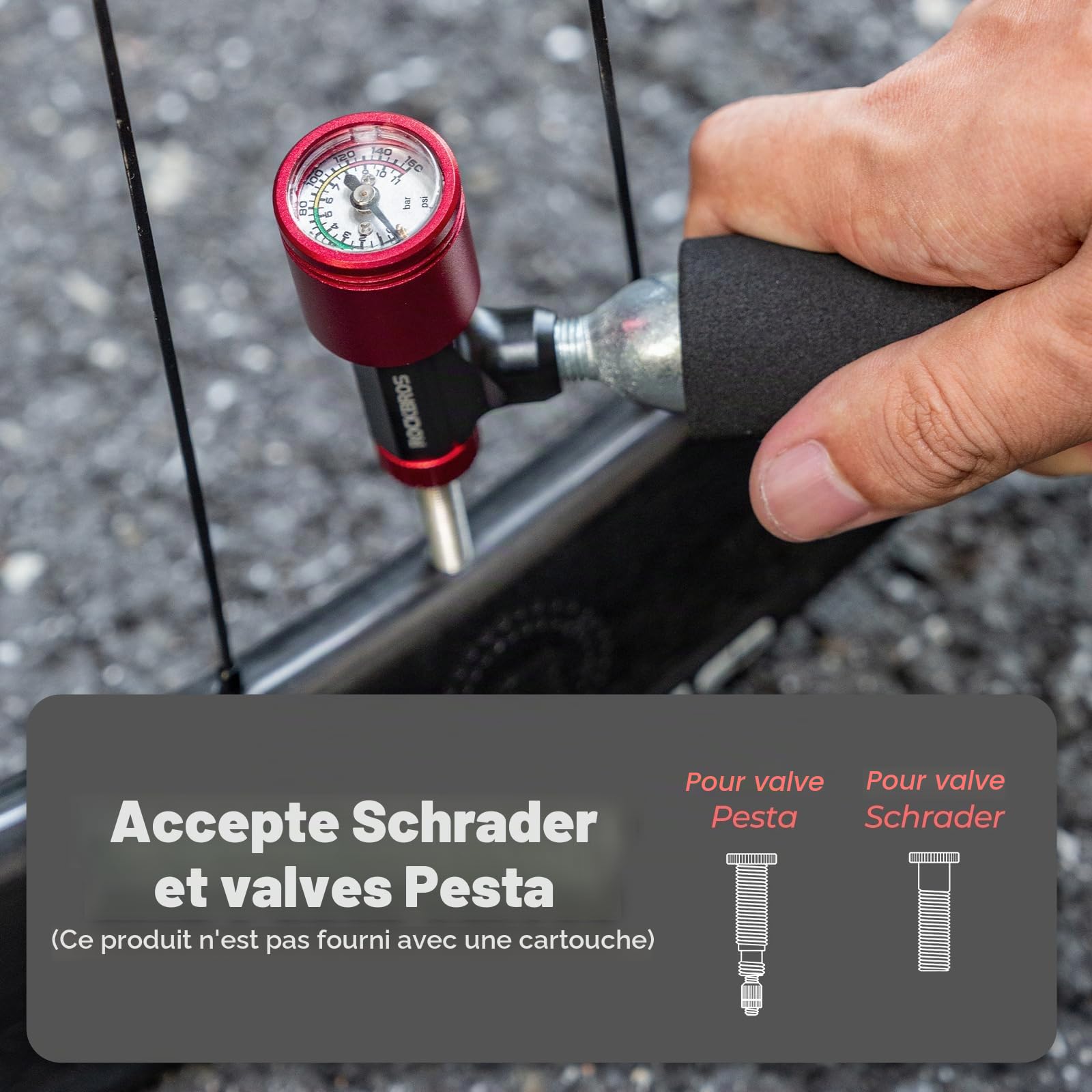 ROCKBROS Mini Pompe À Cartouches De Vélo avec CO2 pour Presta et Schrader Ventilateurs, Gonflage Rapide De Pneu pour VTT, Vélo De Route et Gravel