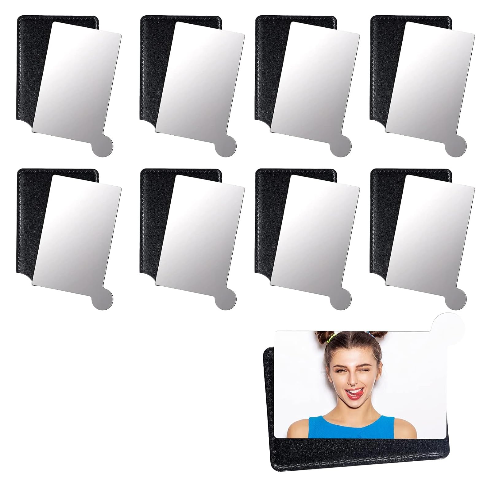 Tazweeq 8 Pcs Stainless Steel Credit Card Mirror, Unbreakable Small Purse Mirror, Rectangular Handheld Tiny Mirrors with PU Leather Case for Makeup, Women, Men
