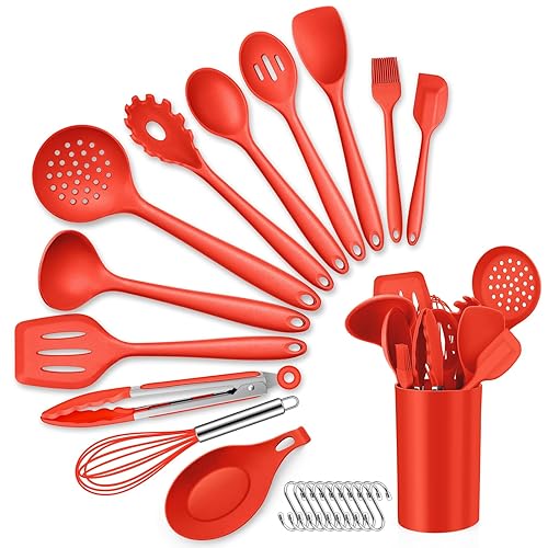 HaWare Kitchen Utensils Set. 13 Piece Silicone Cooking Utensils Set with Holder, Heat Resistant Kitchen Tools Include Turner Spatula Spoon, Non-Stick Cookware Friendly & Dishwasher Safe-Red - Red