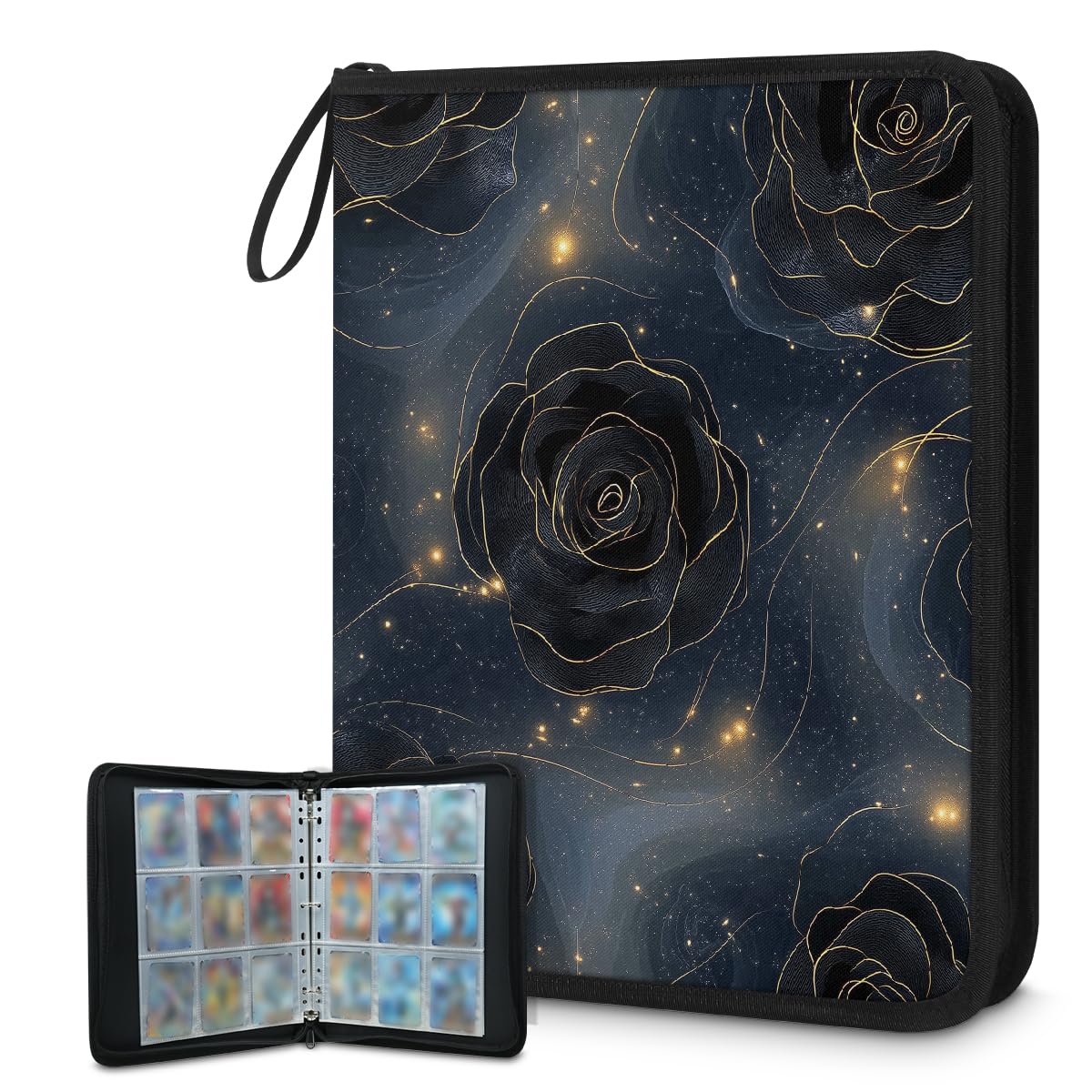 Raccoglitore per carte con 9 tasche, 900 tasche, con chiusura a cerniera (linea nera rosa artistica)