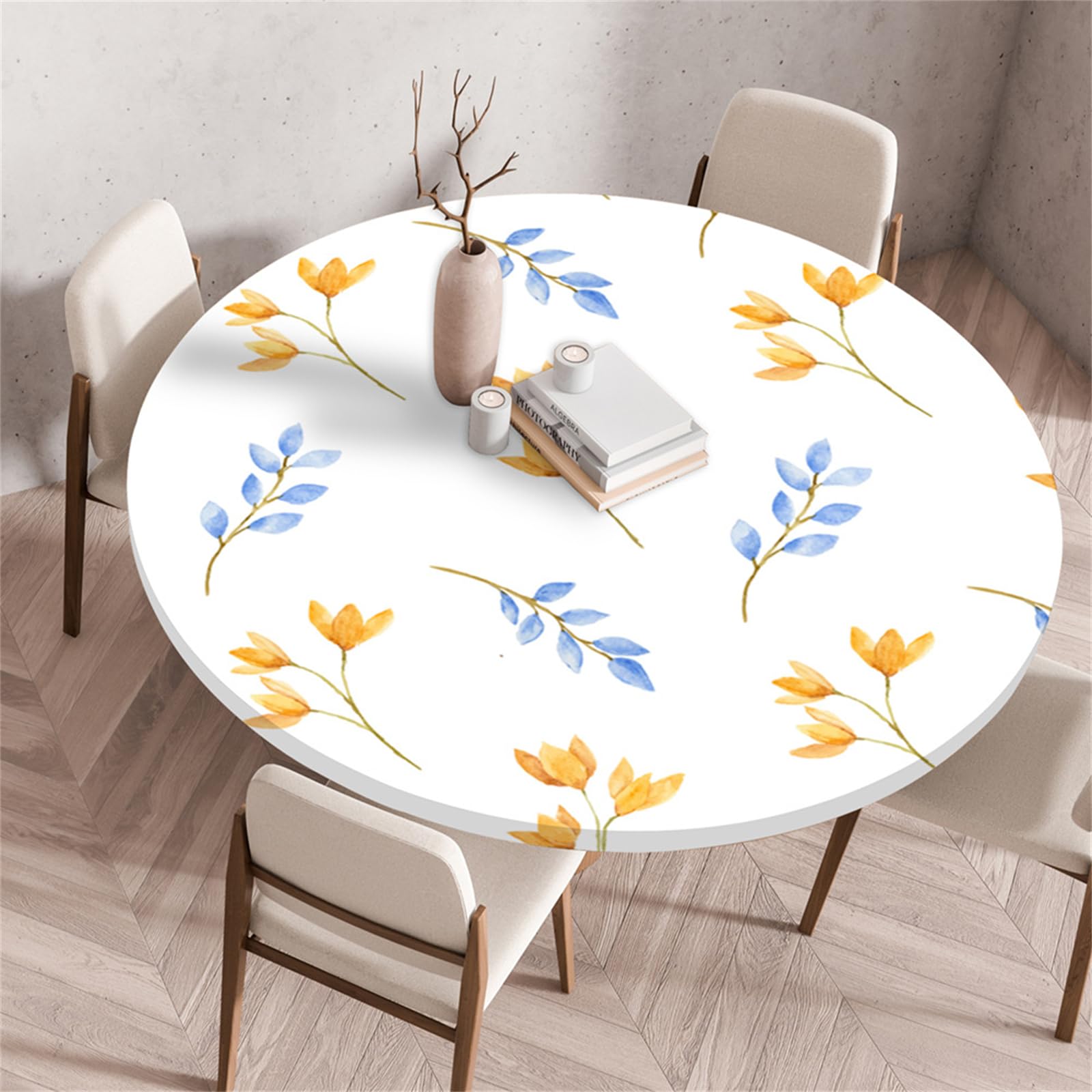 Muiuou Round Tablecloth, Flower Printing Reusable Wipeable Waterproof Oil-Proof Elastic Edged Circle Tablecloth, Fitted Kitchen Restaurant Picnic Home Decoration (Diameter 110cm,Style 13)