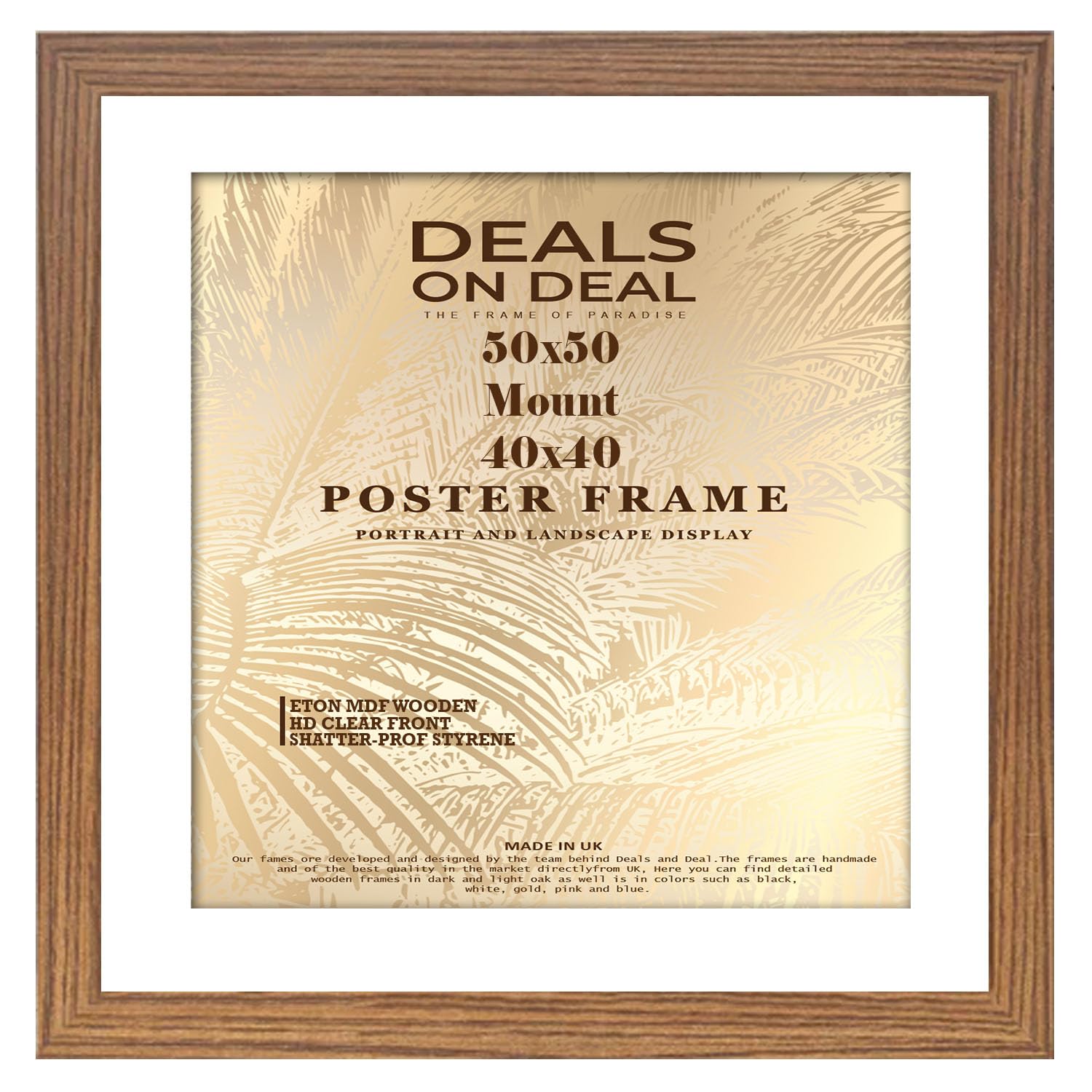 DEALS ON DEAL® Poster Frame Rustic 50x50 cm With Mount 40x40 cm | Prints HD Clear Acrylic Front Picture Frames | Portrait Landscape | White Matting 50 x 50cm Picture Poster Frames