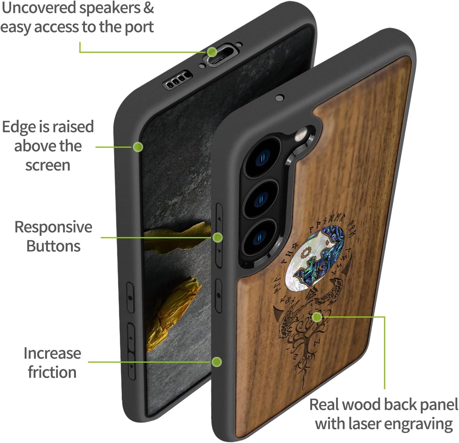 Carveit Designer Wooden Case for Samsung Galaxy S23 Cover [Wood Engraving & Shell Inlay] Unique Wood Phone Case Compatible with Wireless Chargers Galaxy S23 Case (Yin Yang Wolf-Walnut)