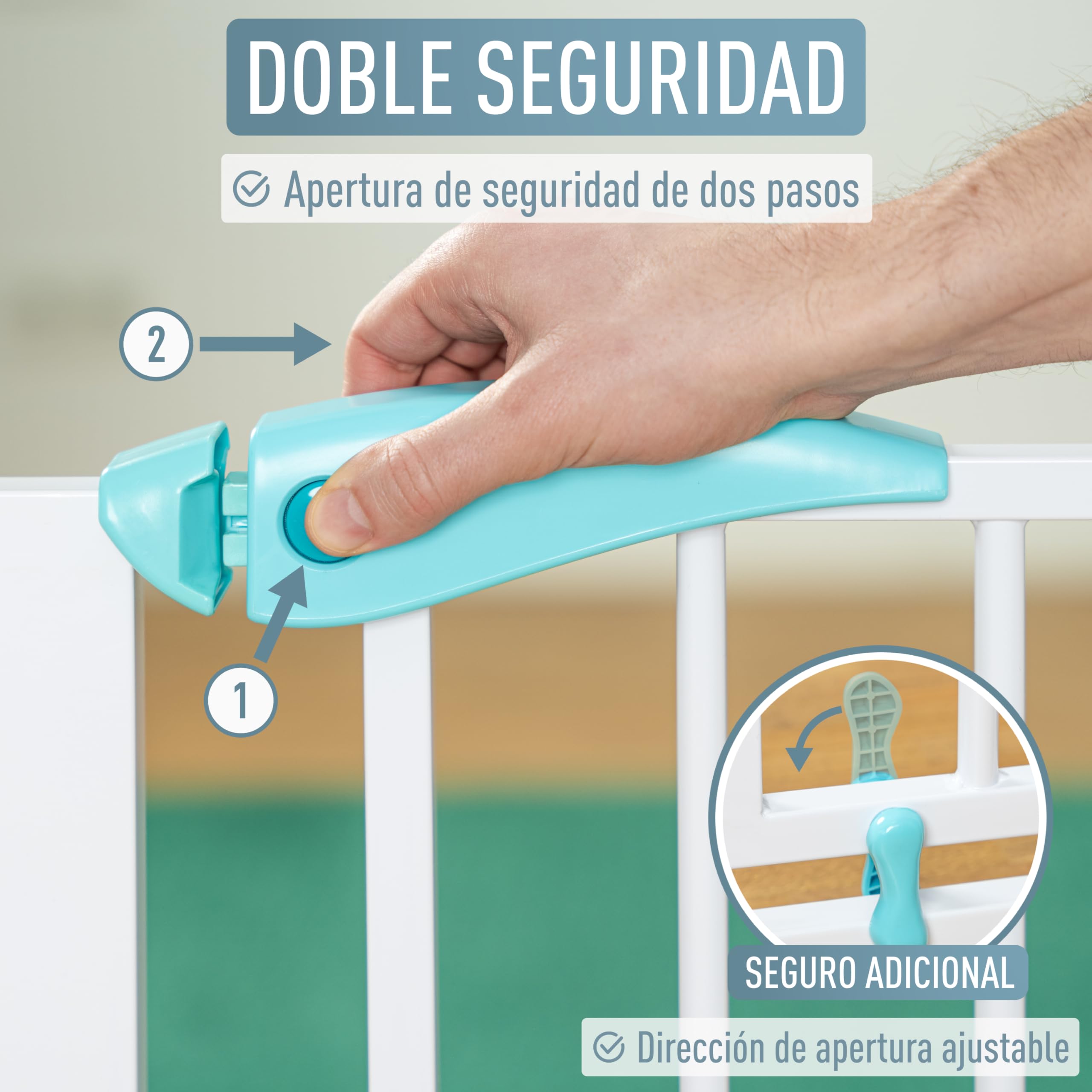 IB STYLE Barrera de Seguridad Berrin - Valla de Escalera, Sin Tornillos, Apertura Bidireccional, Fácil Instalación, Bebés y Niños, Turquesa, Ancho: 115-125 cm