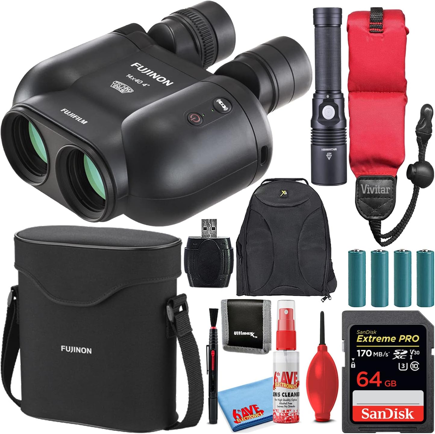 Fujifilm Fujinon 14x40 TSX1440 Techno-Stabi ImageStabilized Binoculars (Black) (16668012) Bundle with SanDisk 64GB Extreme PRO SD Card + Flashlight + Backpack + Floating Strap + Cleaning Kit