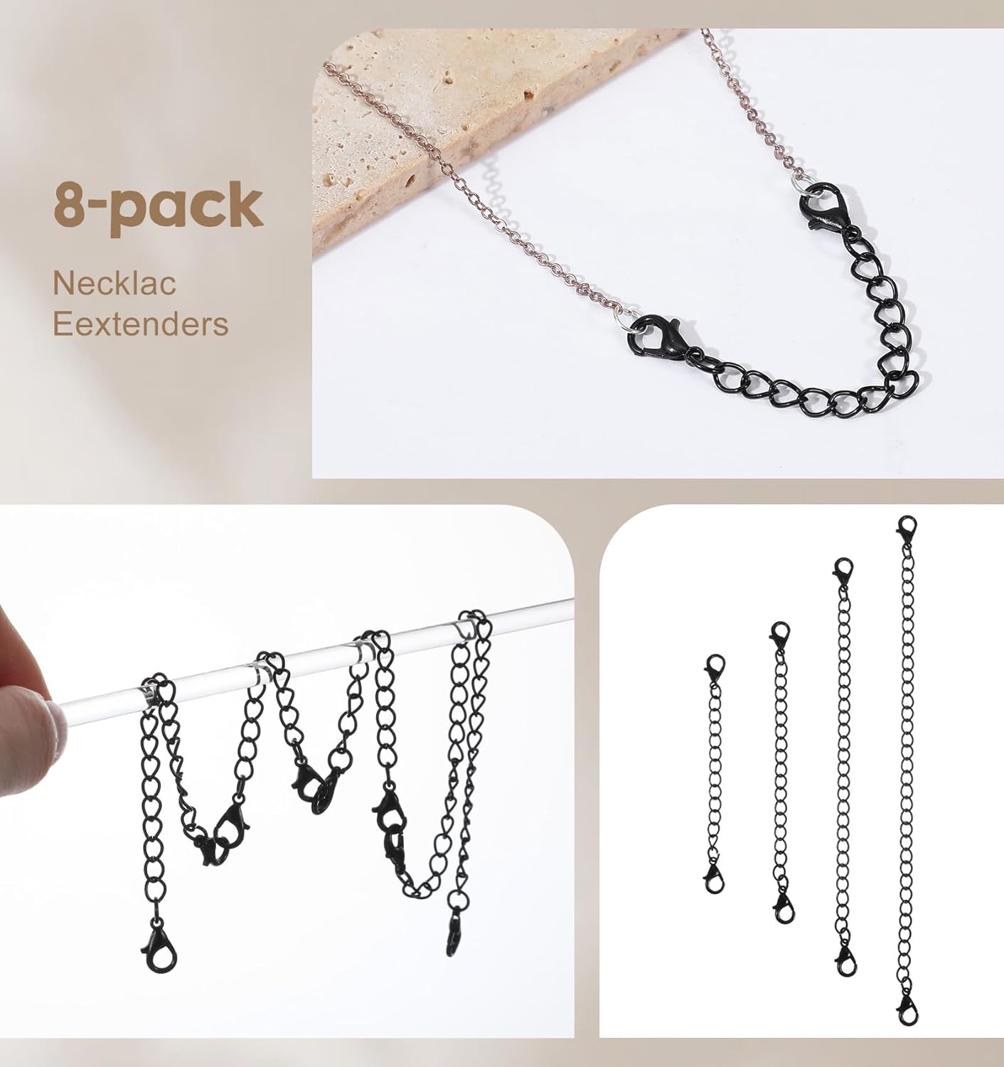 8Pcs Necklace Extender, Black 4 Size Necklace Chain Extender Adjustable Necklaces Extension Chain for Jewelry Making, Perfect for Necklaces Bracelets Anklets, Women & Girls, Black - Image 4