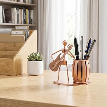 MyGift Pen Holder for Desk, Decorative Pencil Cup with Guitar Design, Accessories & Decor for Men, Gunmetal Gray Metal Desk