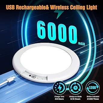 Ktpugorn Rechargeable Motion Sensor Ceiling Light with Remote, No Wiring Closet Light Battery Operated Ceiling Lights, Dimmable Timing Magnetic Rechargeable Shower Lamp for Bathroom Hallway Pantry Wardrobe photo 3