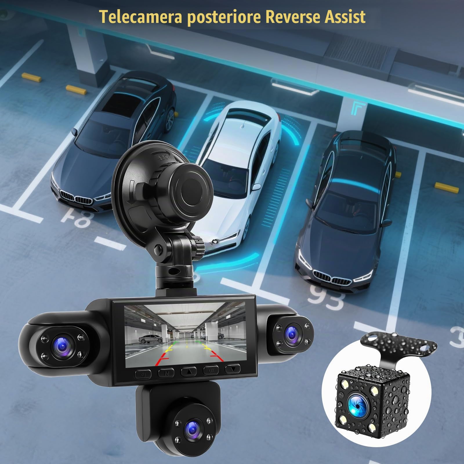 5-Canal 360° Dashcam per auto 1080P (Anteriore, Posteriore, Sinistra, Destra e Interna), Schermo da 3 Pollici, Visione Notturna, Compensazione dell'esposizione e Assistenza al Parcheggio