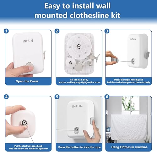 Miniatura 3 de INFUN Tendedero retráctil de 141 pies línea de ropa para interiores y exteriores línea de lavandería resistente para montaje en la pared