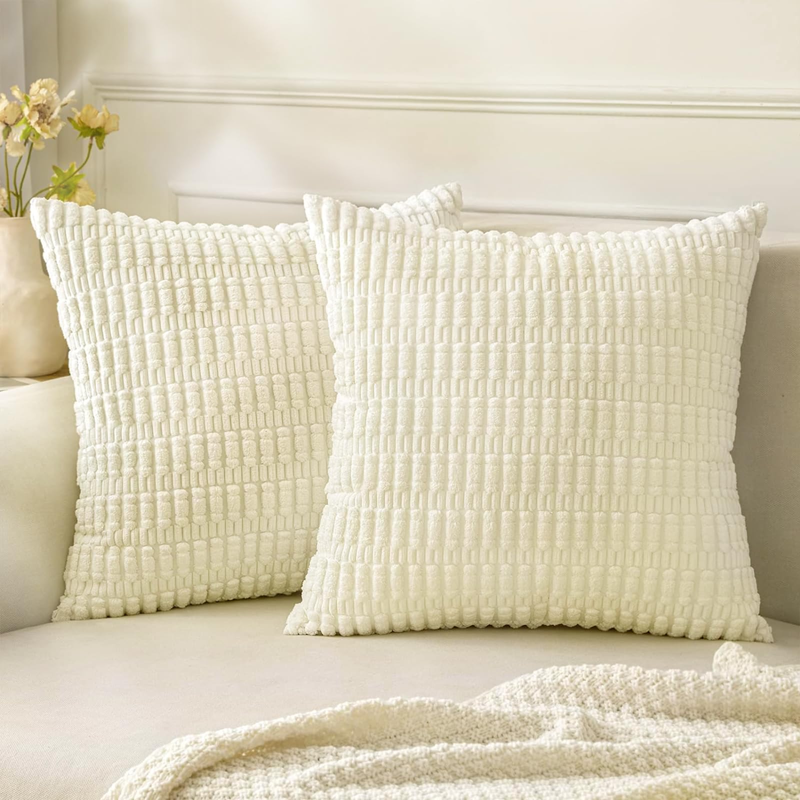 INFOSUN Throw Pillow Covers, Set of 2 Soft Plush Short Wool Velvet Decorative Throw Pillow Covers 18x18 inch Square Luxury Style Cushion Case Pillow Shell for Sofa Bedroom Home Decor - (2 Pack, Beige)