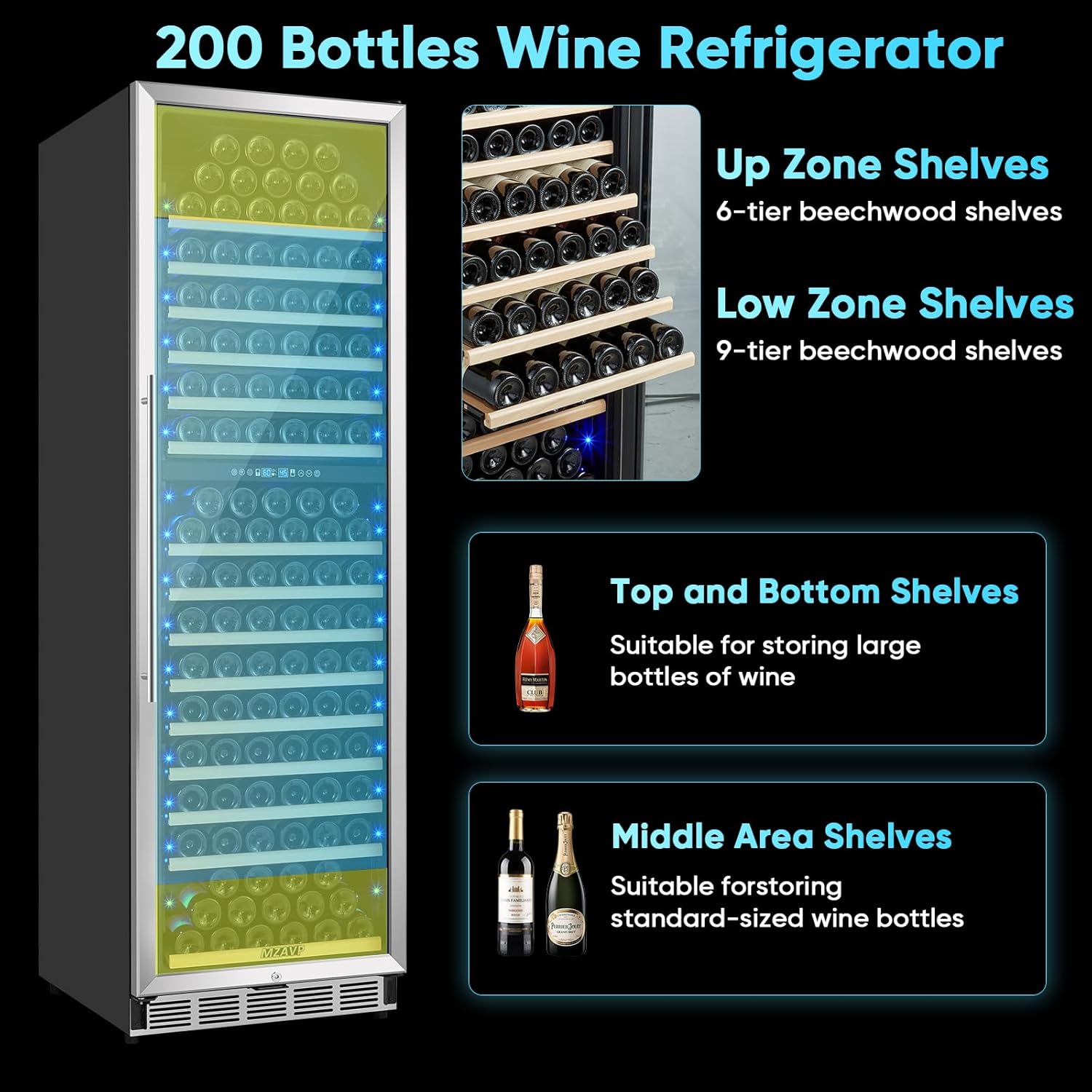 Wine and Beverage Cooler & 200 Bottle Dual-Zone Wine Fridge Combo, Built-In/Freestanding Glass Door Fridge, Office/Bar/Home Use, Advanced Compressor & Low Noise (Silver)