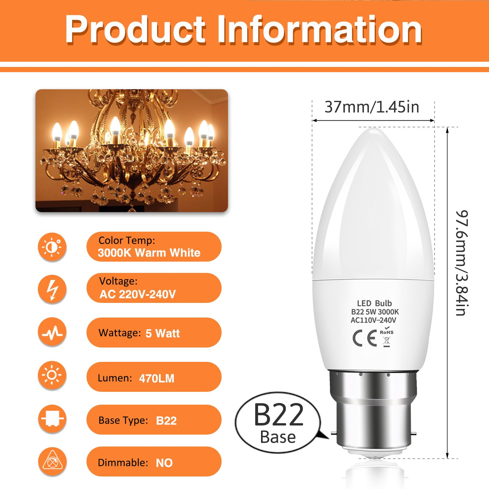 Caldarax B22 LED Bayonet Cap Candle Bulbs 5W, C37 B22 LED Candle Light Bulb 40W Equivalent, 470LM Warm White 3000K - Image 2
