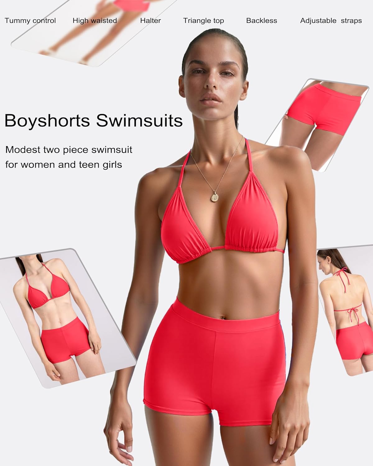 Jolefille Boyshorts Swimsuits for Women-High Waisted Bikini Set 2 Piece Tummy Control Bathing Suit Triangle Top Shorts Bottom - Image 2