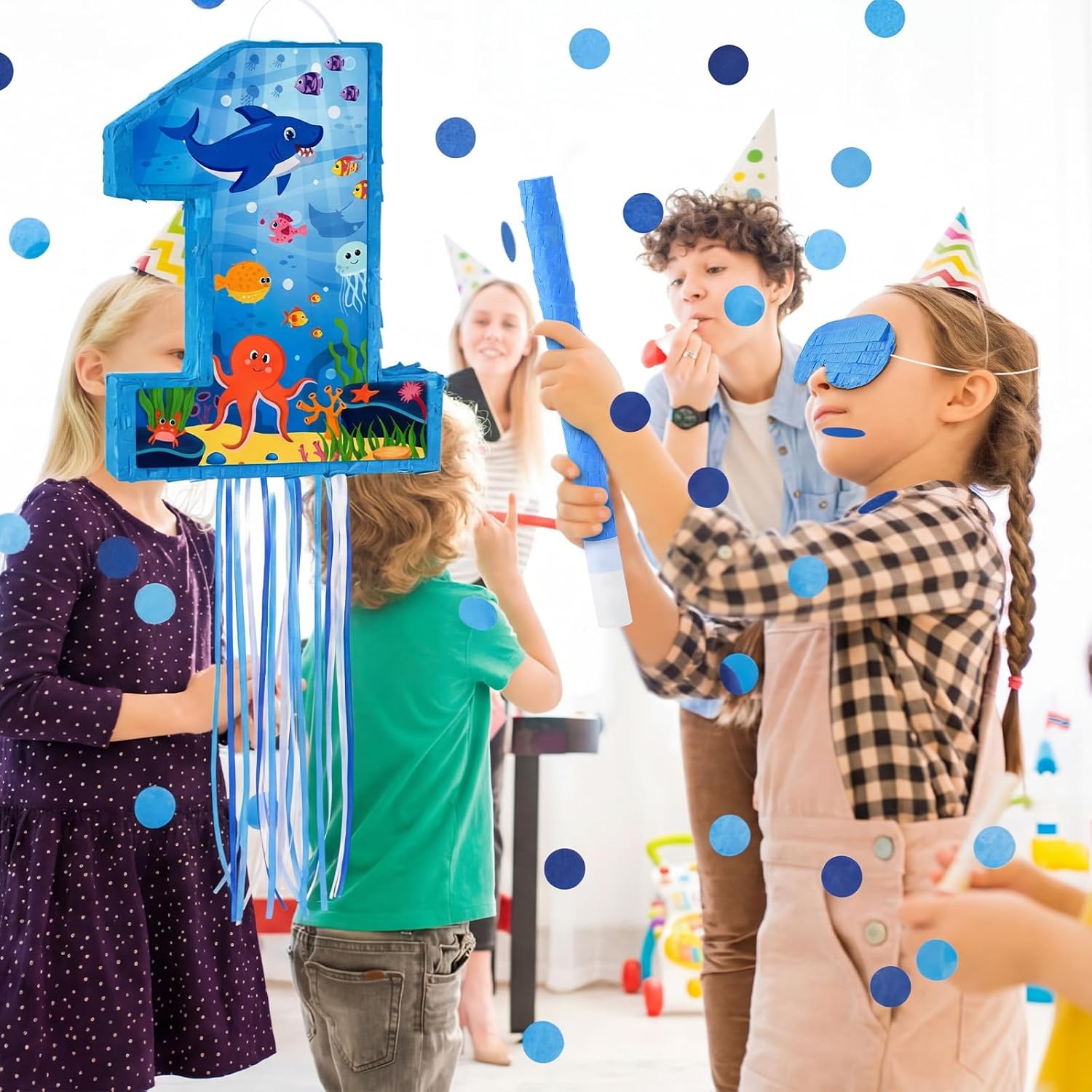 Ocean Themed 16 Inch Number 1 Piñata Set with Bat Blindfold Confetti, Blue Under The Sea Number 1 Piñata Birthday Party Decorations Hawaii Beach 1st Anniversary Celebration Supplies