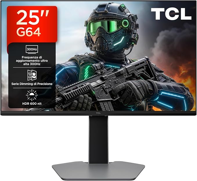 TCL 25G64 Gaming Monitor LED mini QD da 25 pollici, risoluzione Full HD, 300 Hz, pannello IPS veloce, HDR 600 nit, tempo di risposta GTG di 1 ms, AMD Freesync Premium, compatibile con G-Sync