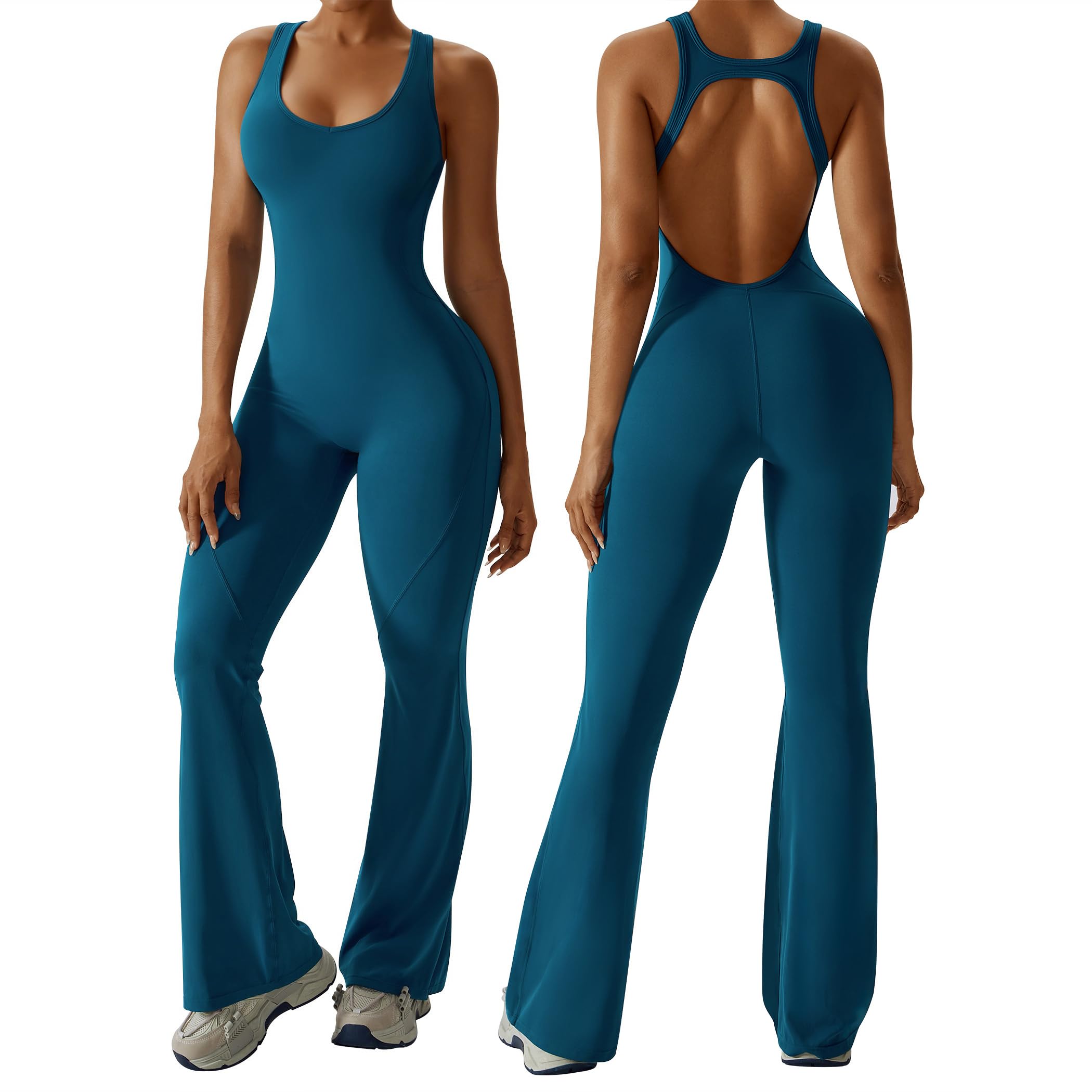 Litthing Mono Acampanado para Mujer Sin Espalda Bodycon Una Pieza Sin Mangas Sexy Mono de Yoga Cuello en U Mameluco Completo Fitness Ropa Acolchado Extraíble Espalda Cruzada Hueca Trajes de Gimnasio