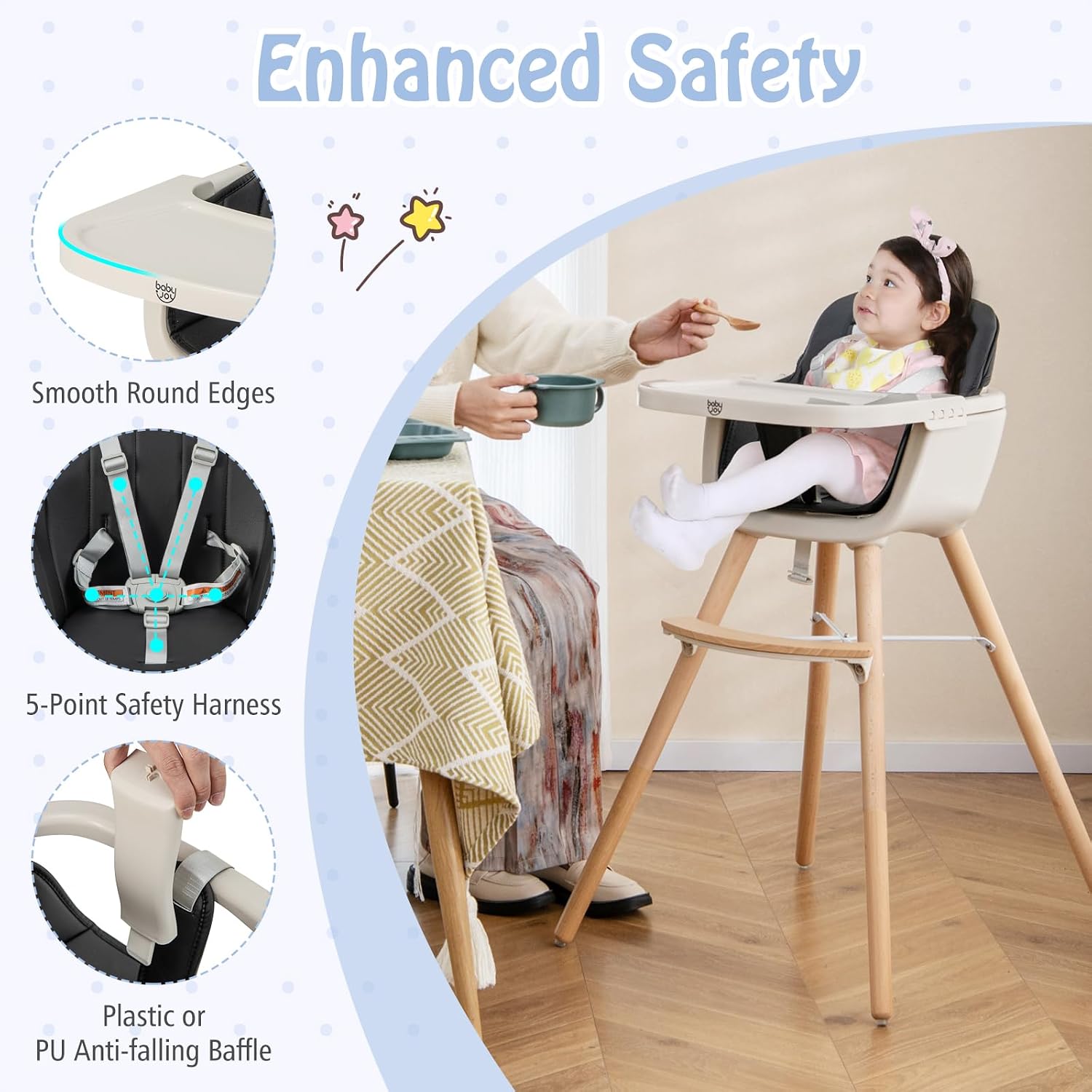 BABY JOY Baby High Chair, 3-in-1 Convertible Wooden Highchair for Babies & Toddlers, Infant Feeding Chair w/ 5-Point Safety Harness, Footrest, Adjustable Legs, Removable Tray & PU Cushion (Black) image 4