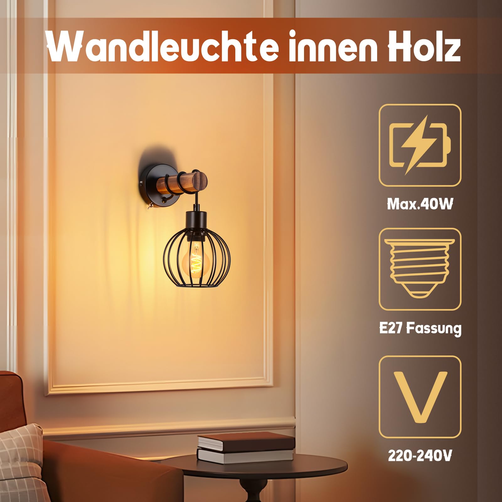 ZMH 2er Wandleuchte Wohnzimmer Vintage Holz: Wandlampe mit Schalter Wandbeleuchtung Schwarz im industrial Design E27 Wandstrahler aus Metall Bettlampe für Schlafzimmer Flur Cafe - Ohne Leuchtmittel