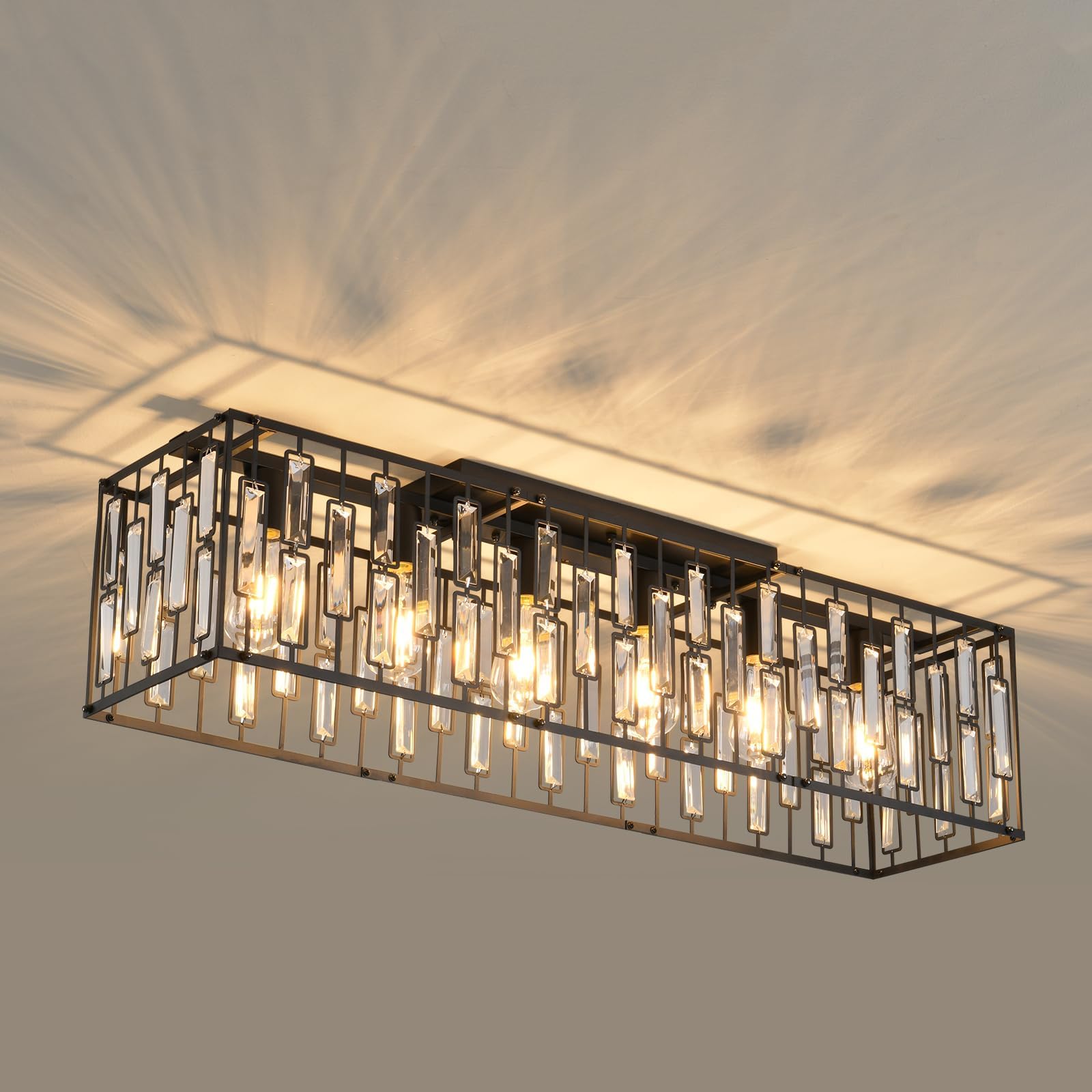Modern Crystal Ceiling Light, 6 Light Black Chandelier Ceiling Lights Fixture, Classical Rectangle Chandeliers for Living Room Kitchen Hallway Island Bar, E27