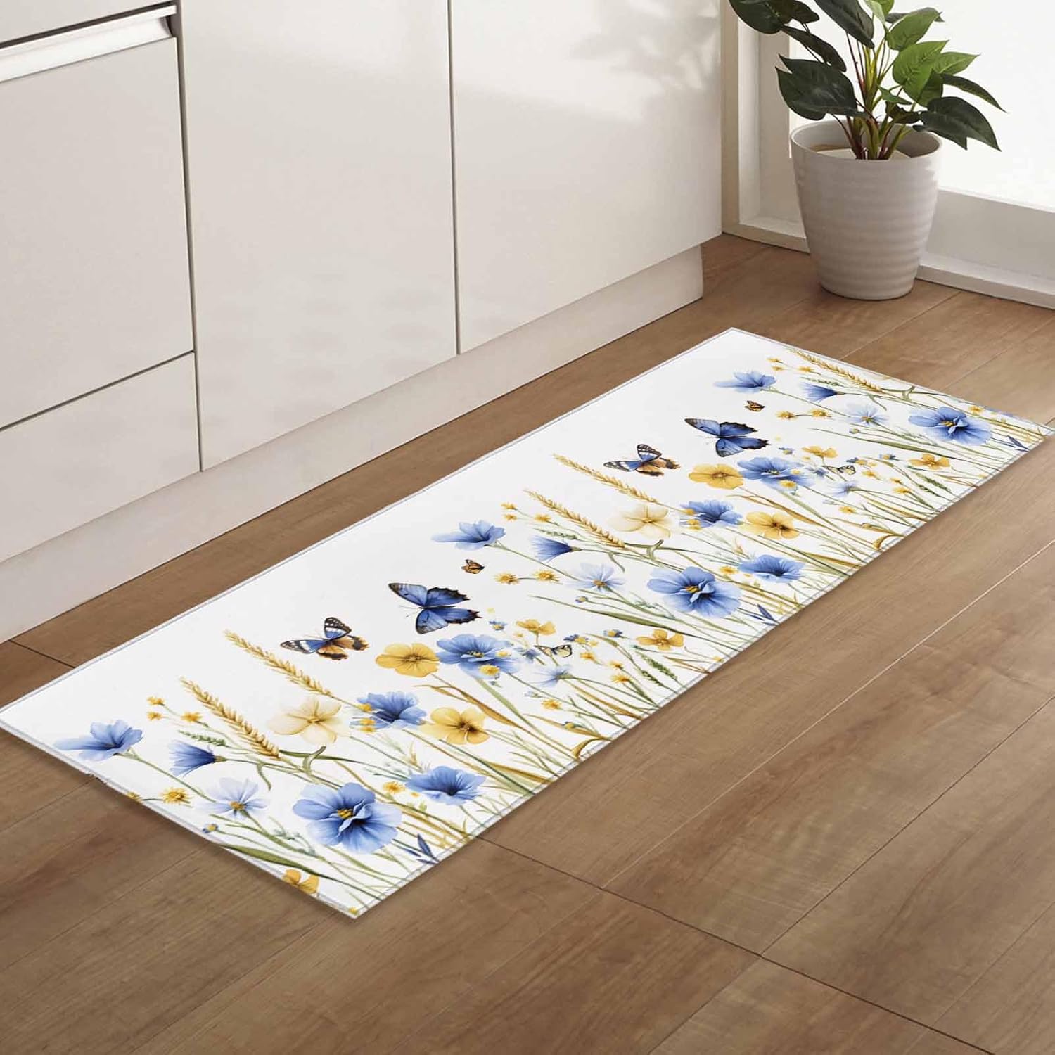 2 Pieces Kitchen Rugs and Mats,Summer Watercolor Wildflower Butterfly Area Runner Rug Set Non Slip Floor Doormat Washable Carpet Standing Mat for Kitchen Sink Indoor Corridor,Rustic Pastoral Theme