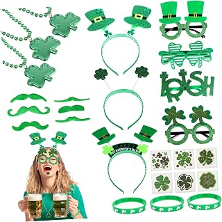 SAFIGLE Kit De Festa De Fim De Ano Com 91 Peças Acessórios De Bling Roupas De Primavera Adesivos Verdes St Colar De Dia De Patricks St Patricks Day Óculos Tiara Plástico St Dia De