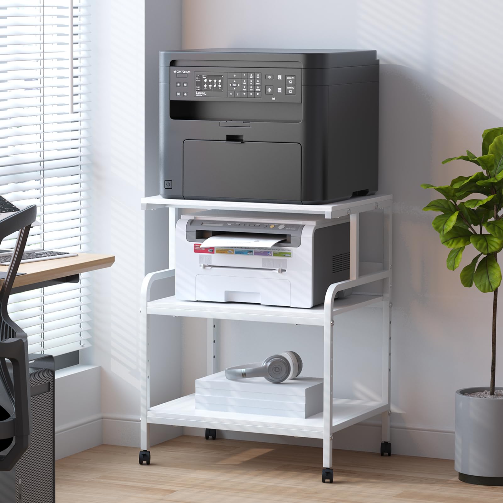 Arbuxzuy Soporte grande para impresora con estante de almacenamiento, carrito de impresora de 23.6 pulgadas de ancho x 18.9 pulgadas de profundidad con ruedas, mesa de impresora móvil de 3 niveles
