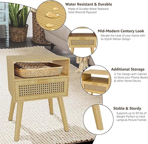 Miniatura 4 de Mesita de noche de ratán moderna Mid-Century (2 juegos), mesa decorativa de madera bohemia con cajón de almacenamiento, mesita de noche para