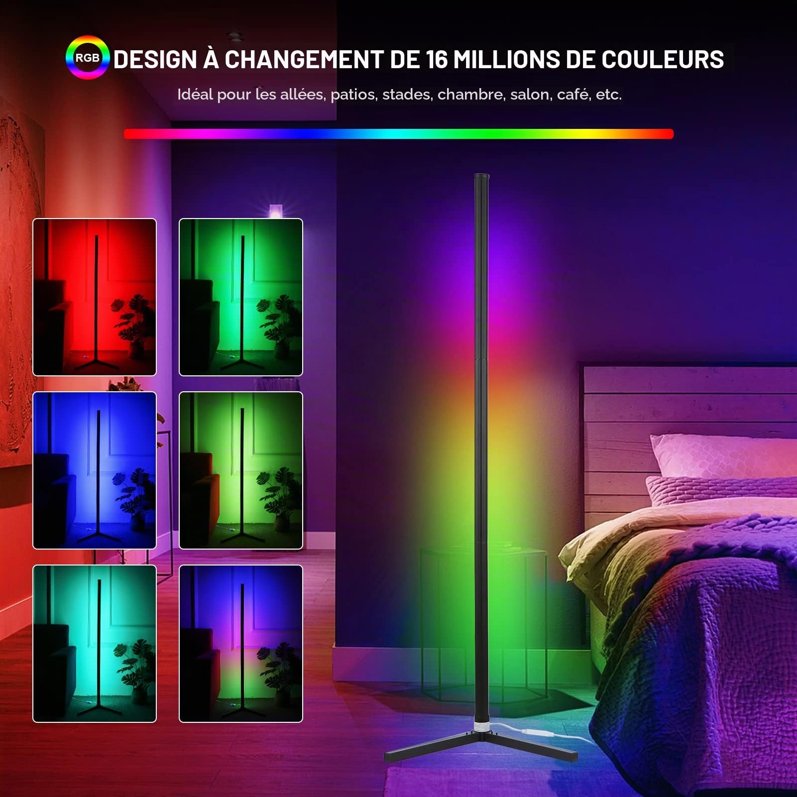 Neoglint Lampadaire d'angle a Intensité Variable, Lampadaire Connecté 72 LED, 11w,1800 lm RGB avec Télécommande APP, Synchronisation de La Musique, Convient Pour Chambre a Coucher, Salle de Jeux