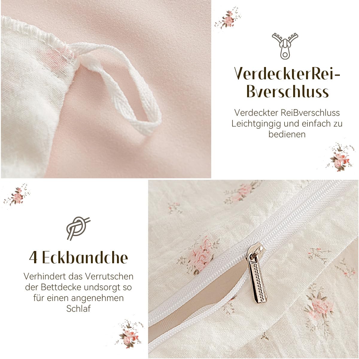 Lanqinglv Musselin Bettwäsche 135x200 Baumwolle Rosa Blumen,Leinenoptik | ÖKO-TEX Zertifiziert,für Allergiker,4 Jahreszeiten Set,Atmungsaktiv Bettbezug 1 Kissenbezüge 80x80 mit Reißverschluss
