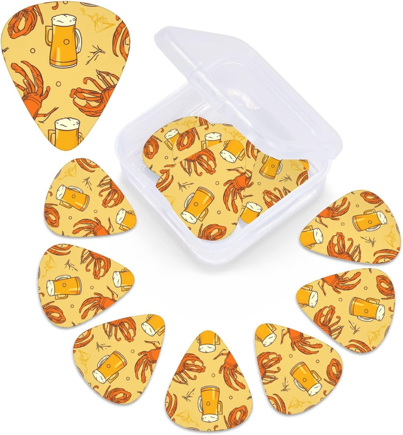 Beer and crawfish pattern print Guitar Picks 12 Pack Personalized Guitar Picks with Storage Box Guitar Accessories for Ukulele Electric Acoustic Guitars Bass
