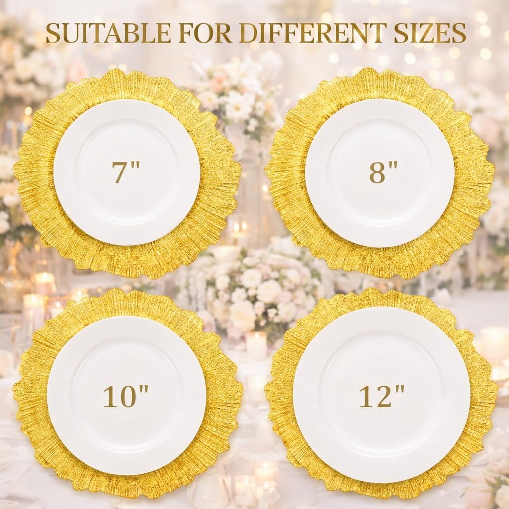 50PCS Bright Gold Reef Charger Plates Bulk Set with Storage Solution, 13 Inch Round Reusable Plastic Dinner Chargers, Decorative Table Chargers for Wedding, Event, Banquet, Party Table Setting