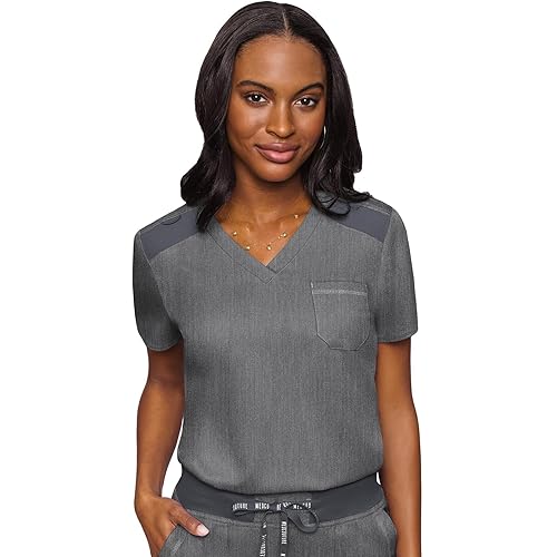 Med Couture Women's V-Neck Scrub Top, Modern Fit Tuck-in Top with Stretchy Rib-Knit Shoulders and Chest Pocket - MC7448