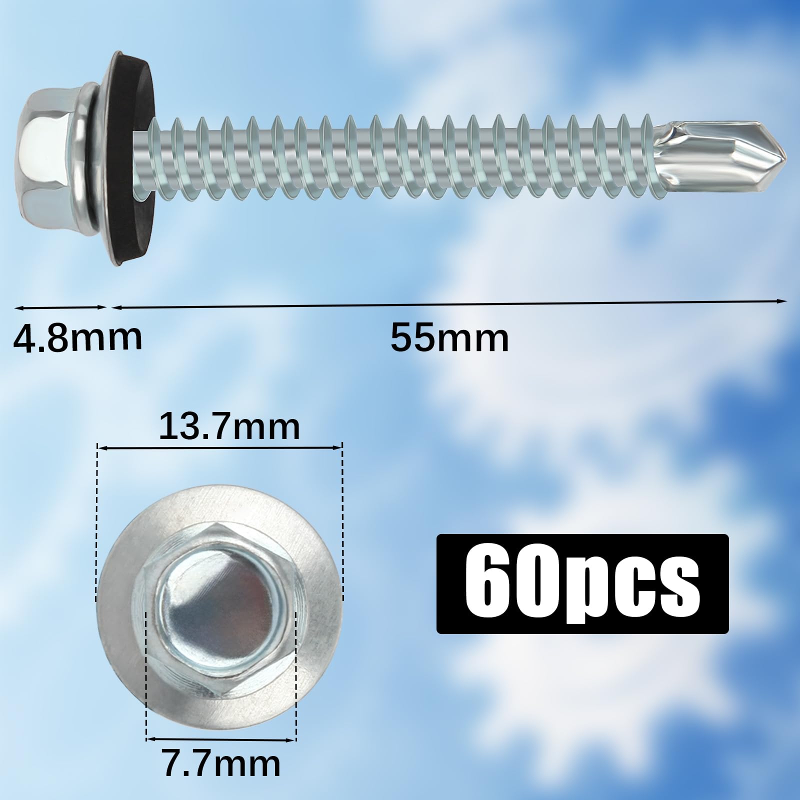 60 Viti Autofilettanti da 4,8 x 55 mm Con Guarnizione, Viti da Tetto Con Rondella di Tenuta (Argento)