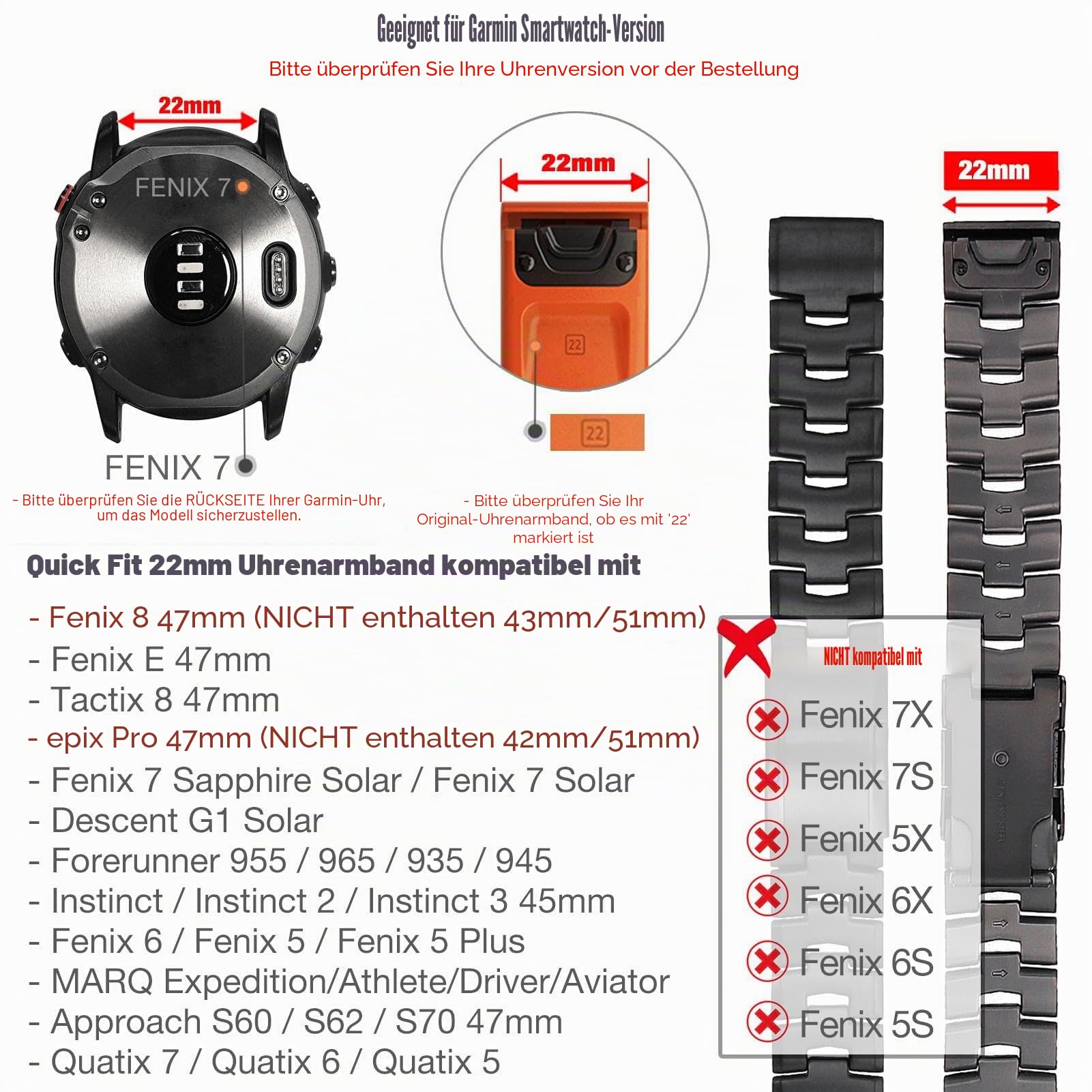 Titan-Uhrenarmband für Garmin Fenix 847mm/Epix Pro 47, schnelle Passform, 22mm, Titan-Metall-Armband mit Edelstahlschnalle für Fenix 7/6/5, Approach S62, Schwarz, QuickFit