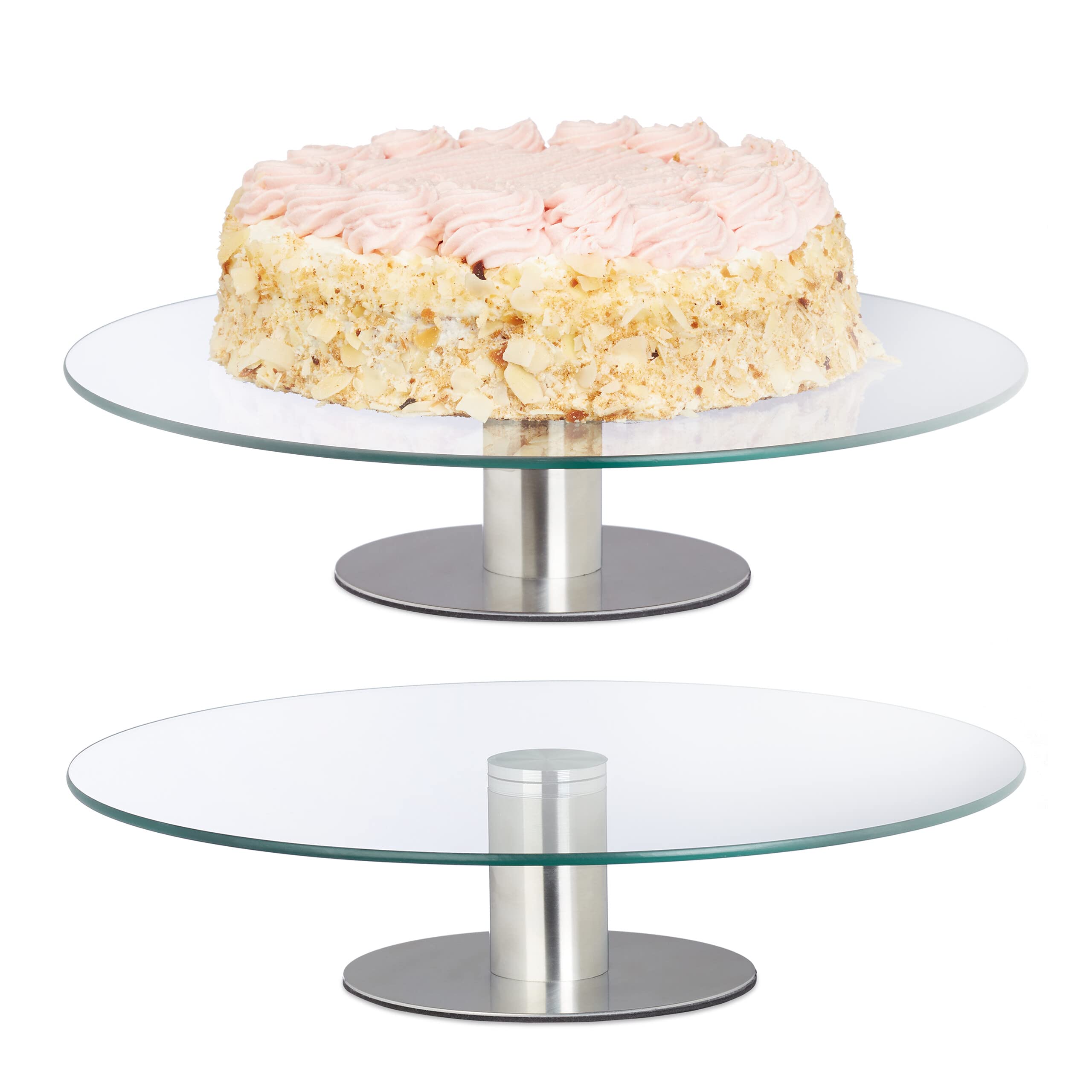 Relaxdays 2x Cake Plates with Foot, Rotatable, HxØ: 7 x 30 cm, Round Pastry Serving Platter, Glass, Transparent/Silver