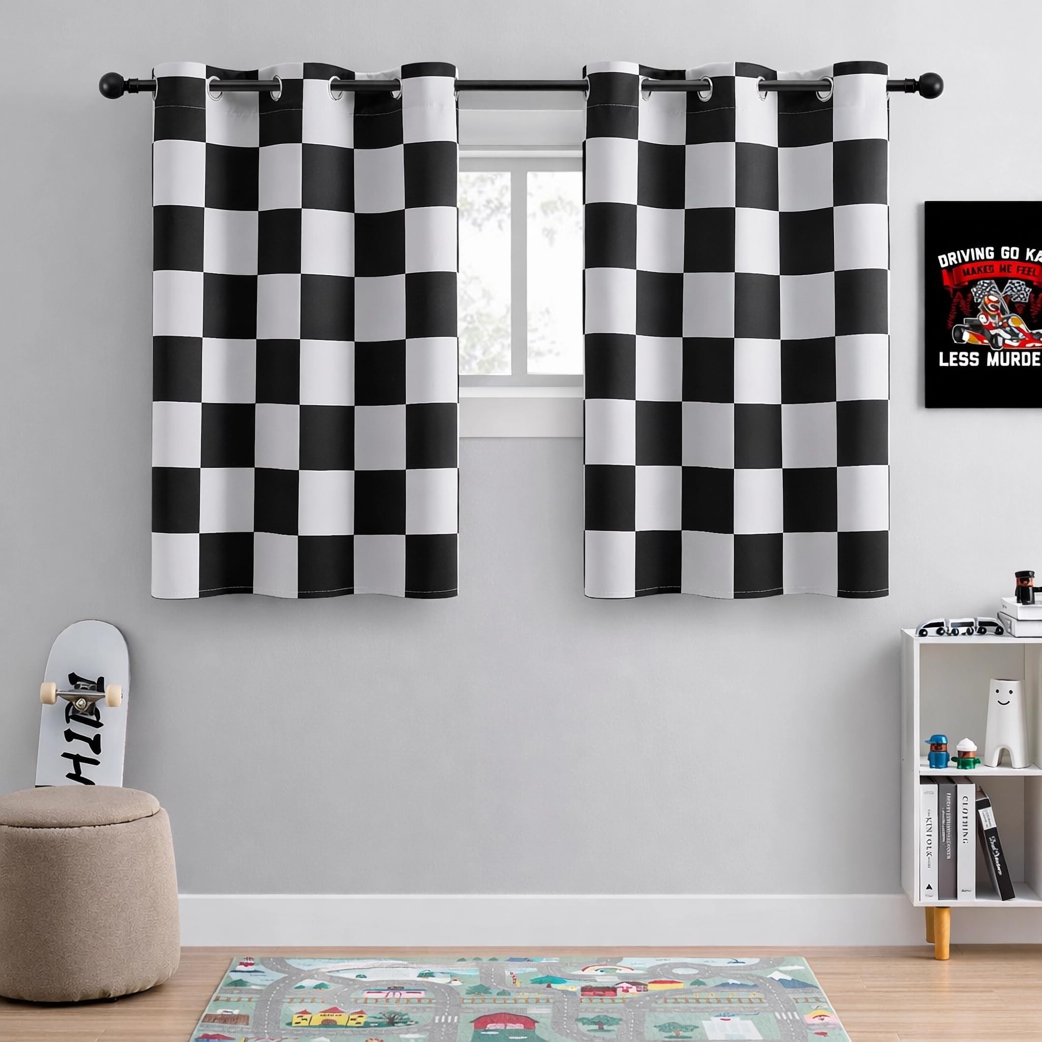 BOHOMOCASA 100% Blackout Curtains – Black and White Checkered Race Flag Pattern, 2 Panels, Each W42×L45, Thermal Insulated, Nosie Reducing for Bedroom — image 1