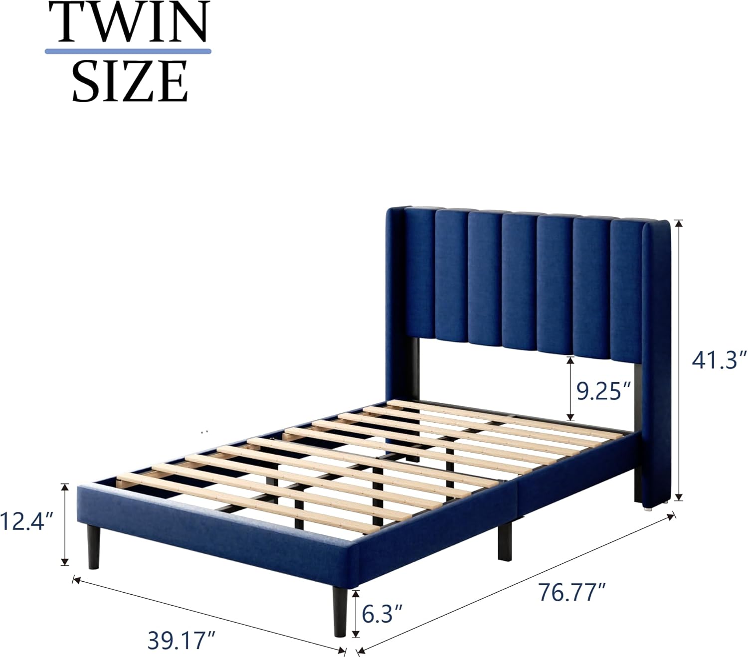 twin size bed frame with upholstered wingback headboard, easy assemnly platform bed, wooden slat support no box spring needed, navy blue blue twin