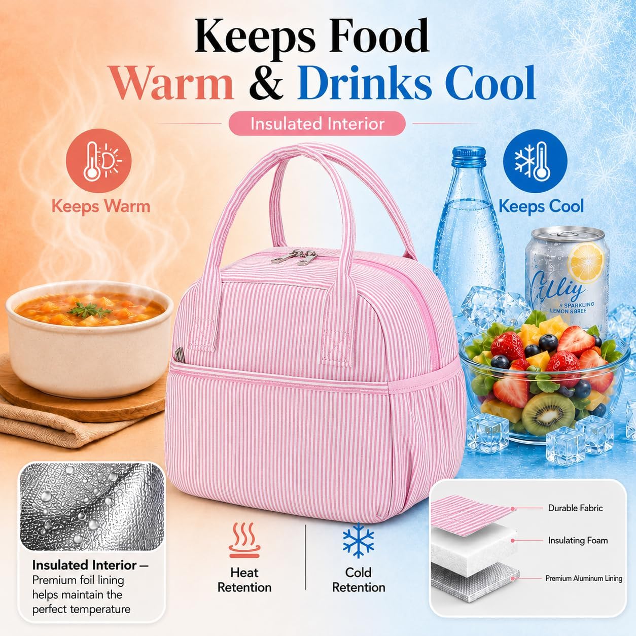 CAMTOP Lunch Box for Women Men Insulated Lunch Bag Lunch Tote Bag Leakproof Thermal Cooler Large Capacity for Travel Work School Picnic (Pink Stripe, Medium) image 4