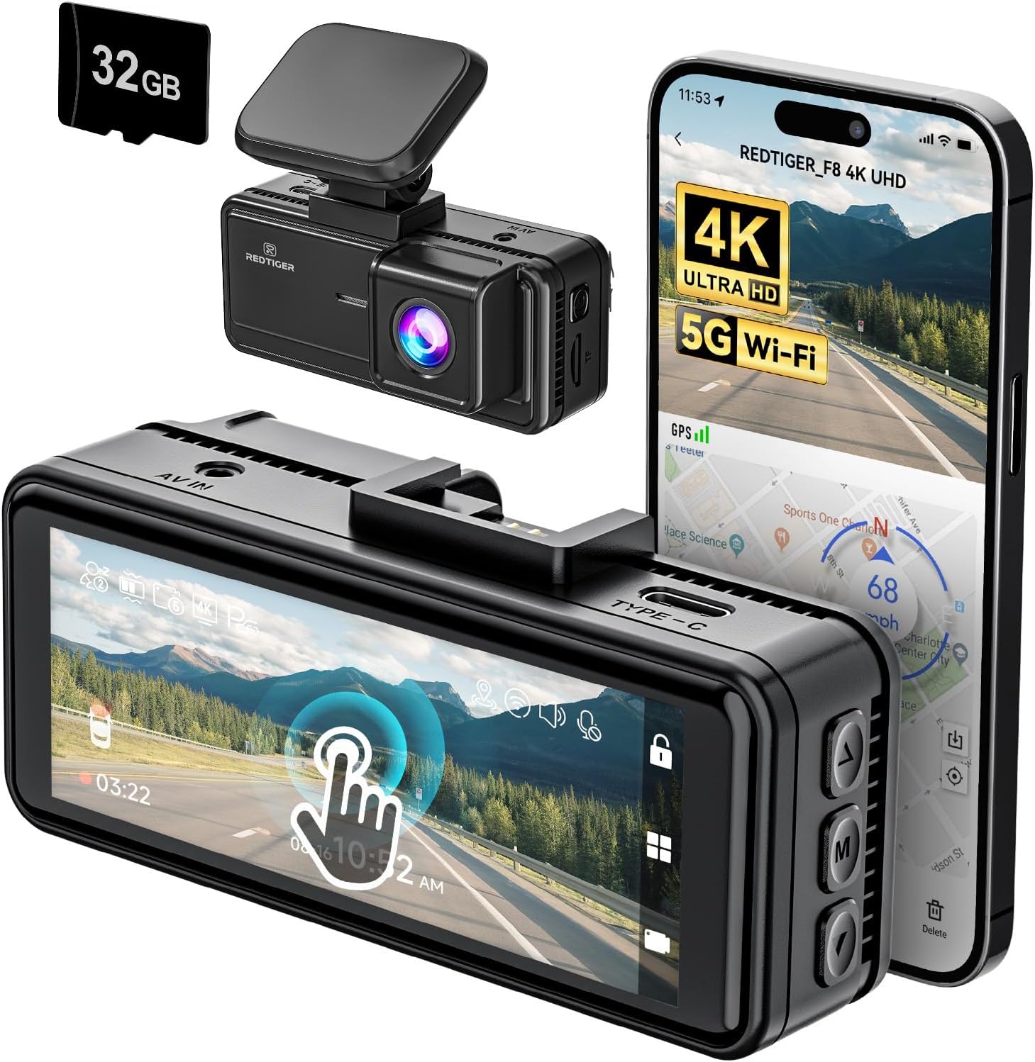 REDTIGER F8 Dash Cam 4K Front with 3.18'' Touch Screen, 5G Wi-Fi,Ultra HD 2160P Night Vision, 32GB Card Included, 160° Wide Angle, GPS, Parking Mode, Loop Recording
